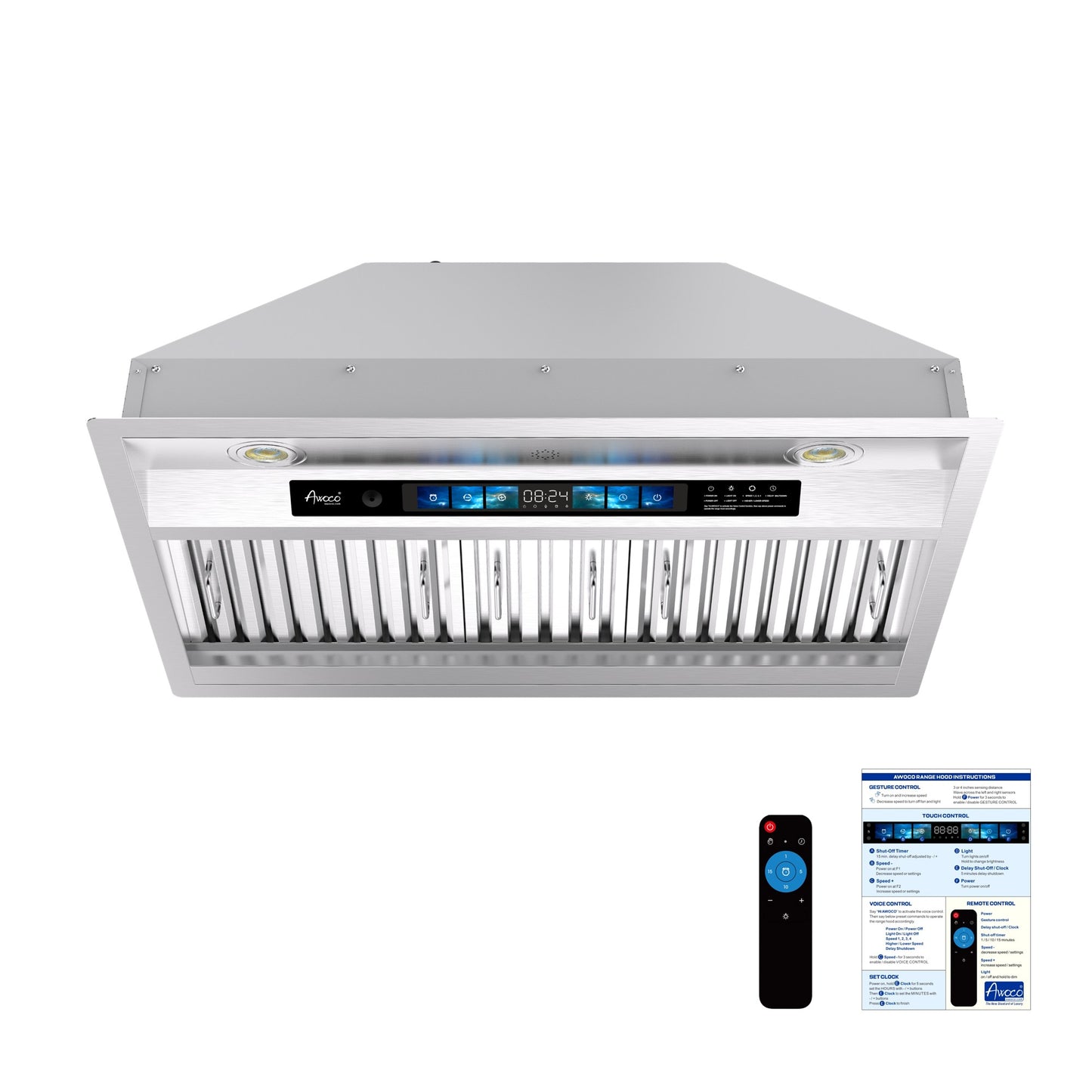 Awoco RH-BQ-XV Built-in Insert Stainless Steel Range Hood, Kitchen Hood with 4-Speed Exhaust Fan, Voice, Gesture, Touch & Remote Controls, 6" Round Top Vent, 800 CFM, Dimmable LED Lights, Baffle Filters