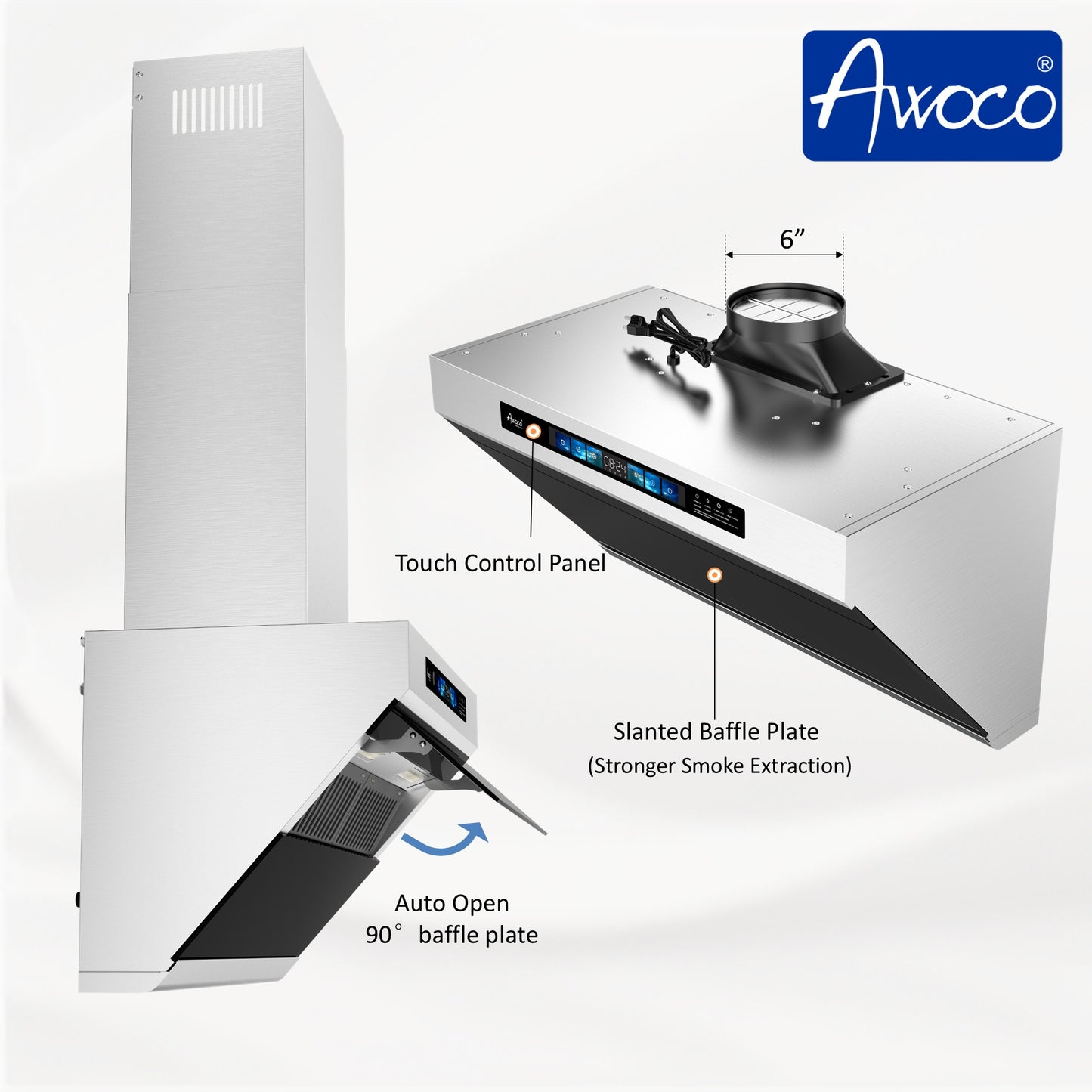 Awoco RH-SX Wall Mount Range Hood, Side-Draft Design, 4 Speeds Exhaust Fan with 800 CFM, Voice, Gesture, Touch & Remote Control, 6" Vent, Dimmable LED Light Bars