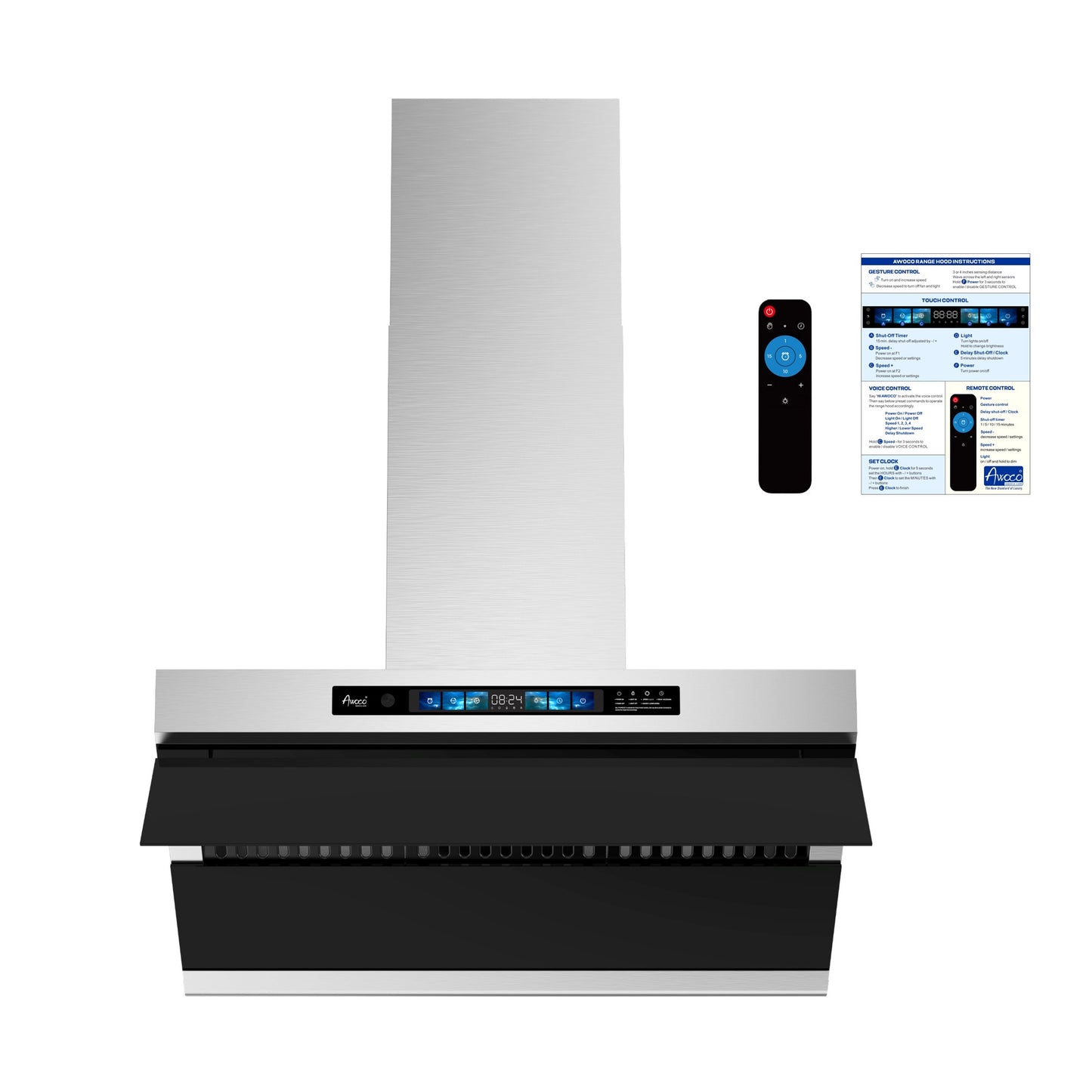 Awoco RH-SX Wall Mount Range Hood, Side-Draft Design, 4 Speeds Exhaust Fan with 800 CFM, Voice, Gesture, Touch & Remote Control, 6" Vent, Dimmable LED Light Bars