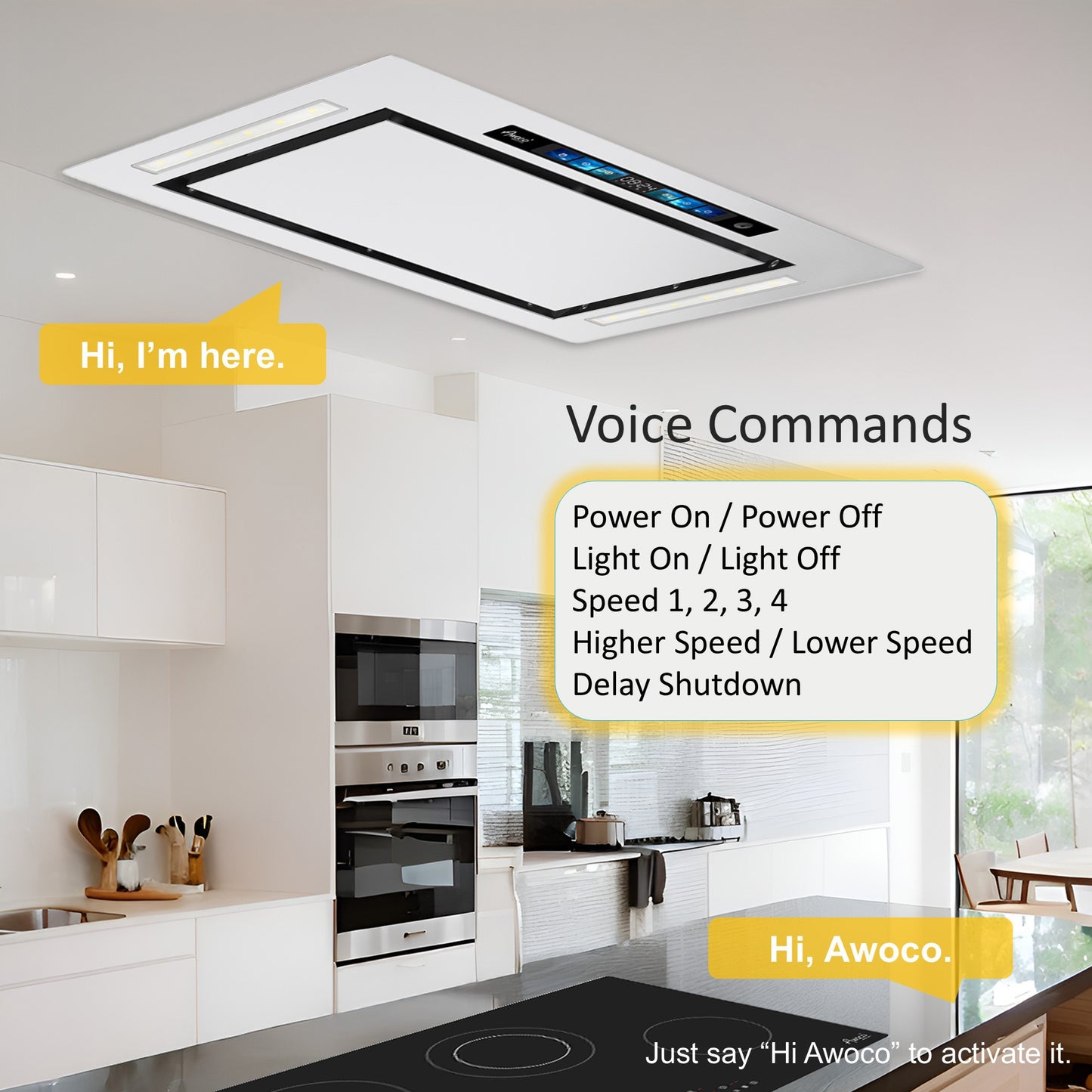 Awoco RH-IT06-GV Flush Ceiling Mount Split Insert Range Hood with Voice, Gesture, Touch, Remote Controls, 4-Speed 800 CFM Stainless Steel Hood with 6” Round Vent LED Lights