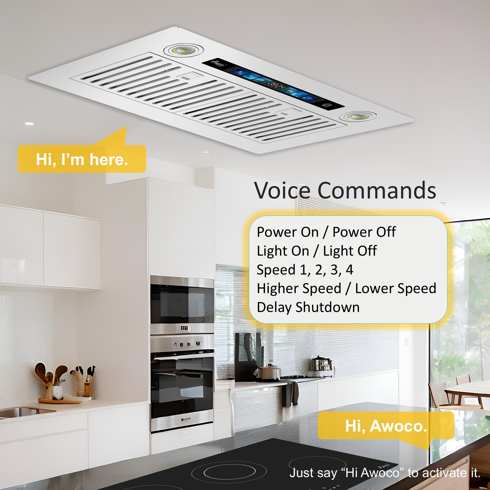 Awoco RH-IT06-V Ceiling Insert Mount Split Quiet Range Hood with Voice, Gesture, Touch, Remote Controls, 800 CFM Kitchen Hood with 4-Speed Exhaust Fan, Stainless Steel Stove Hood with 6" Blower