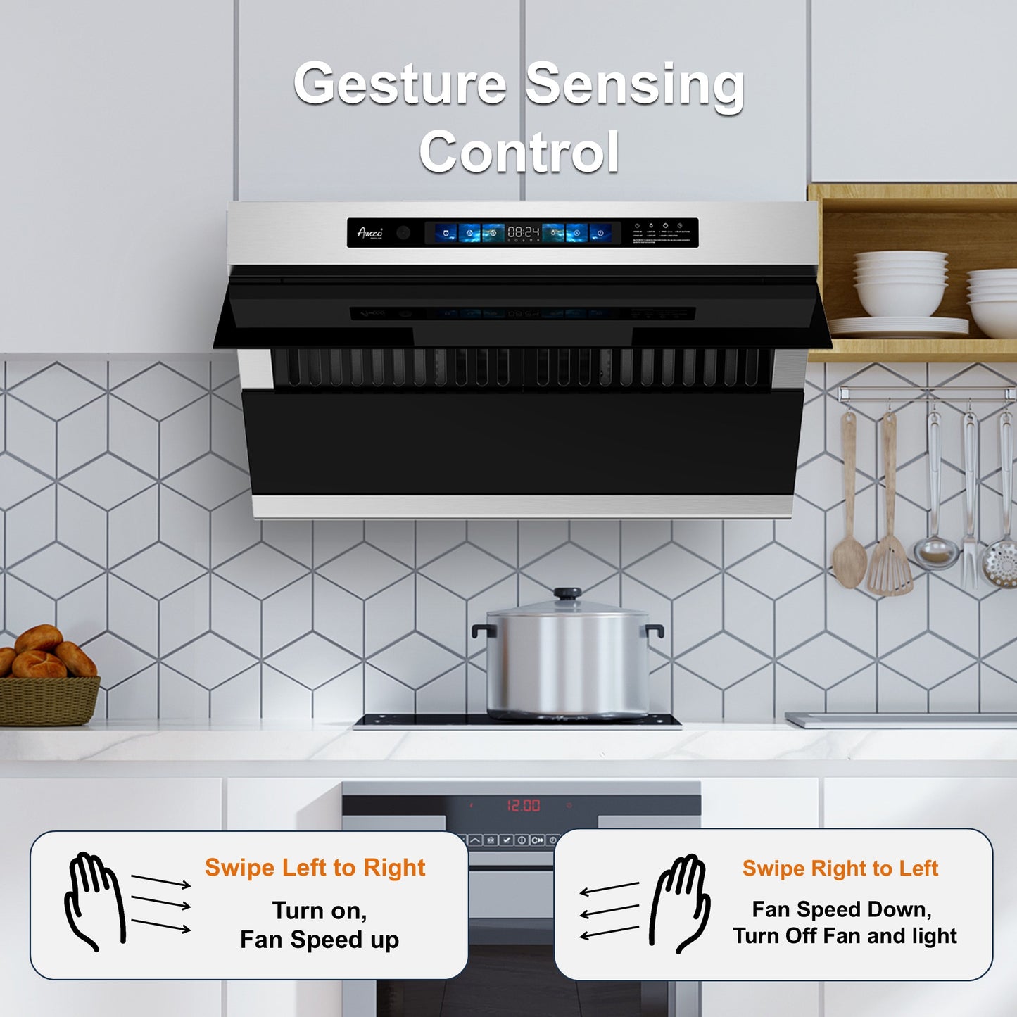 Awoco RH-SX Under Cabinet Range Hood, Side-Draft Design, 4 Speeds Exhaust Fan with 800 CFM, Voice, Gesture, Touch & Remote Control, 6" Vent, Dimmable LED Light Bars