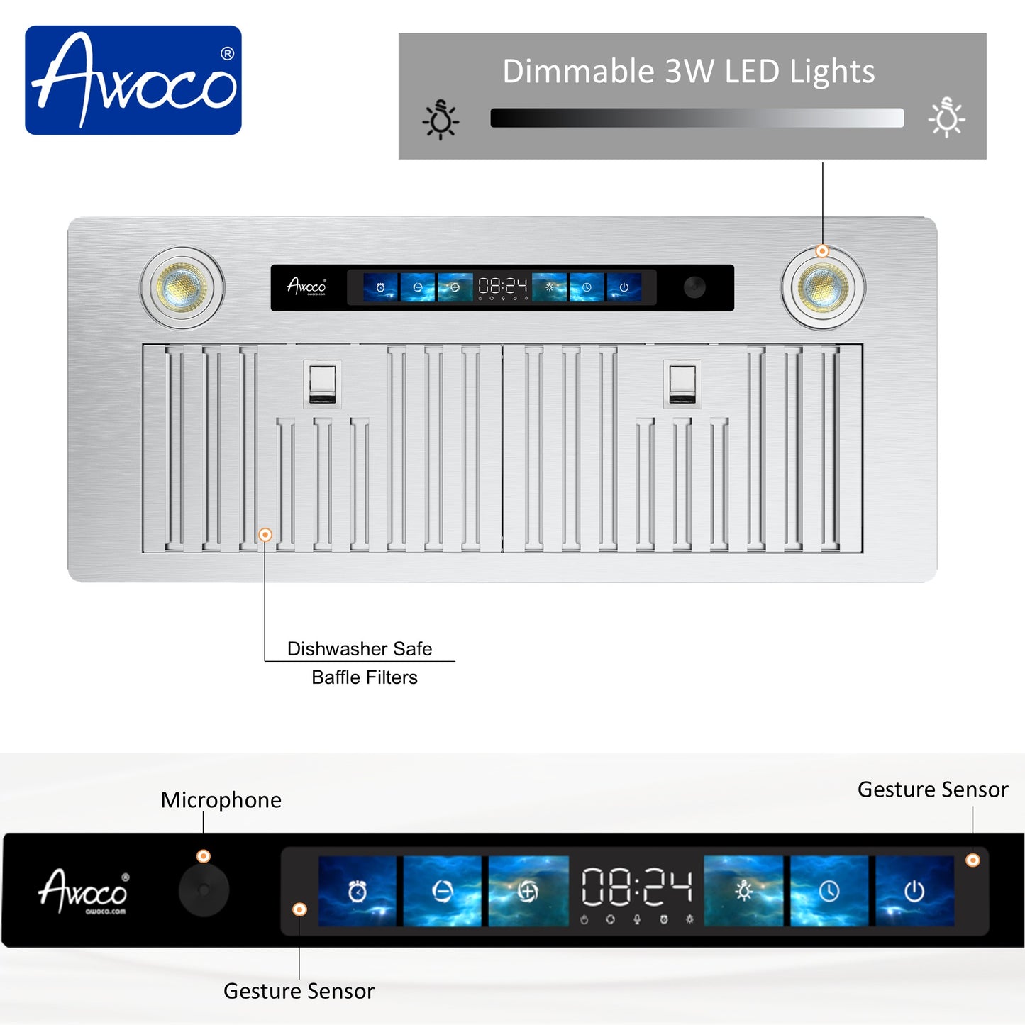 Awoco RH-BQ-V Built-in Insert Stainless Steel Range Hood with 4-Speed Exhaust Fan, Voice, Gesture, Touch & Remote Controls, 6" Round Top Vent, 800 CFM, Dimmable LED Lights, Baffle Filters