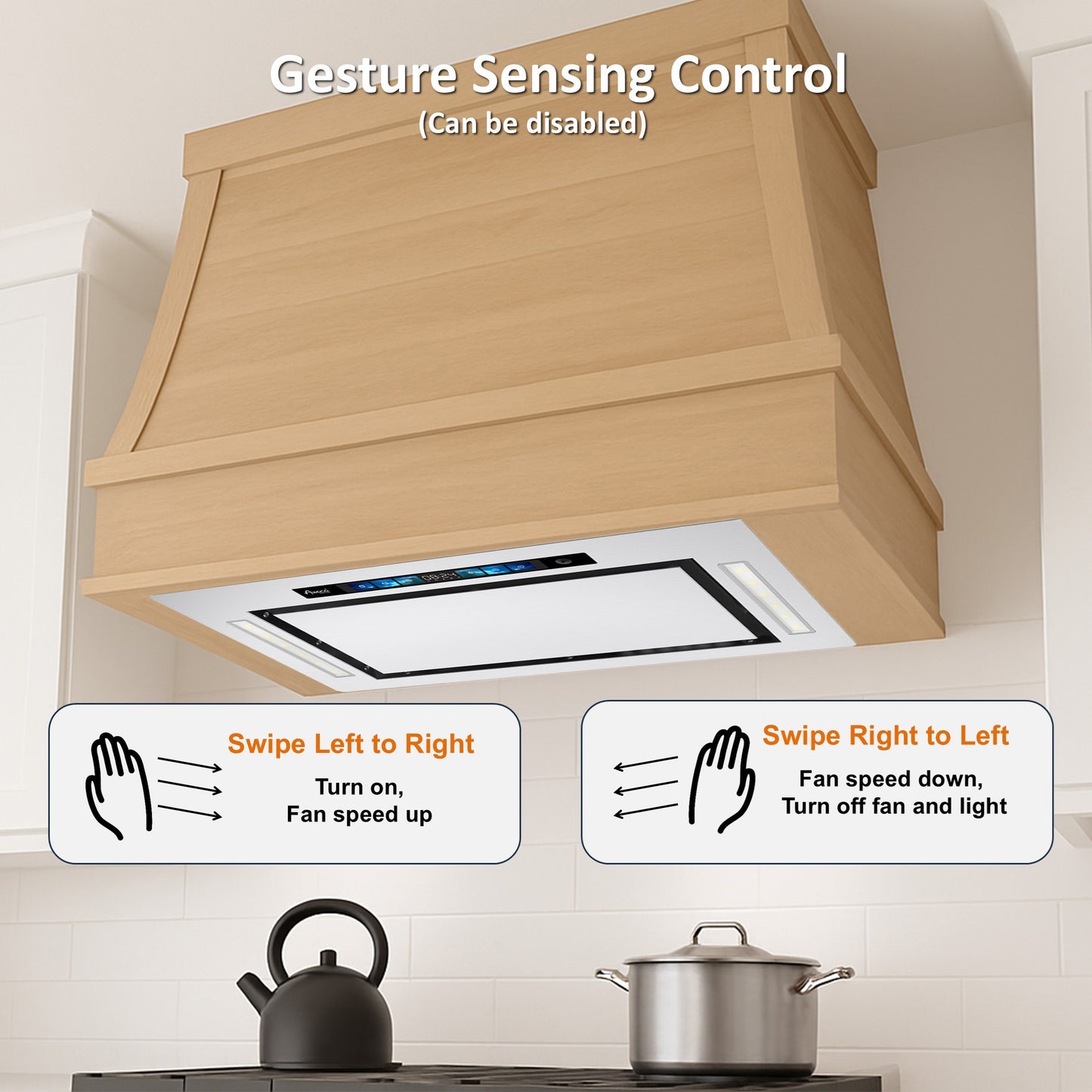 Awoco RH-IT06-GV Flush Ceiling Mount Split Insert Range Hood with Voice, Gesture, Touch, Remote Controls, 4-Speed 800 CFM Stainless Steel Hood with 6” Round Vent LED Lights