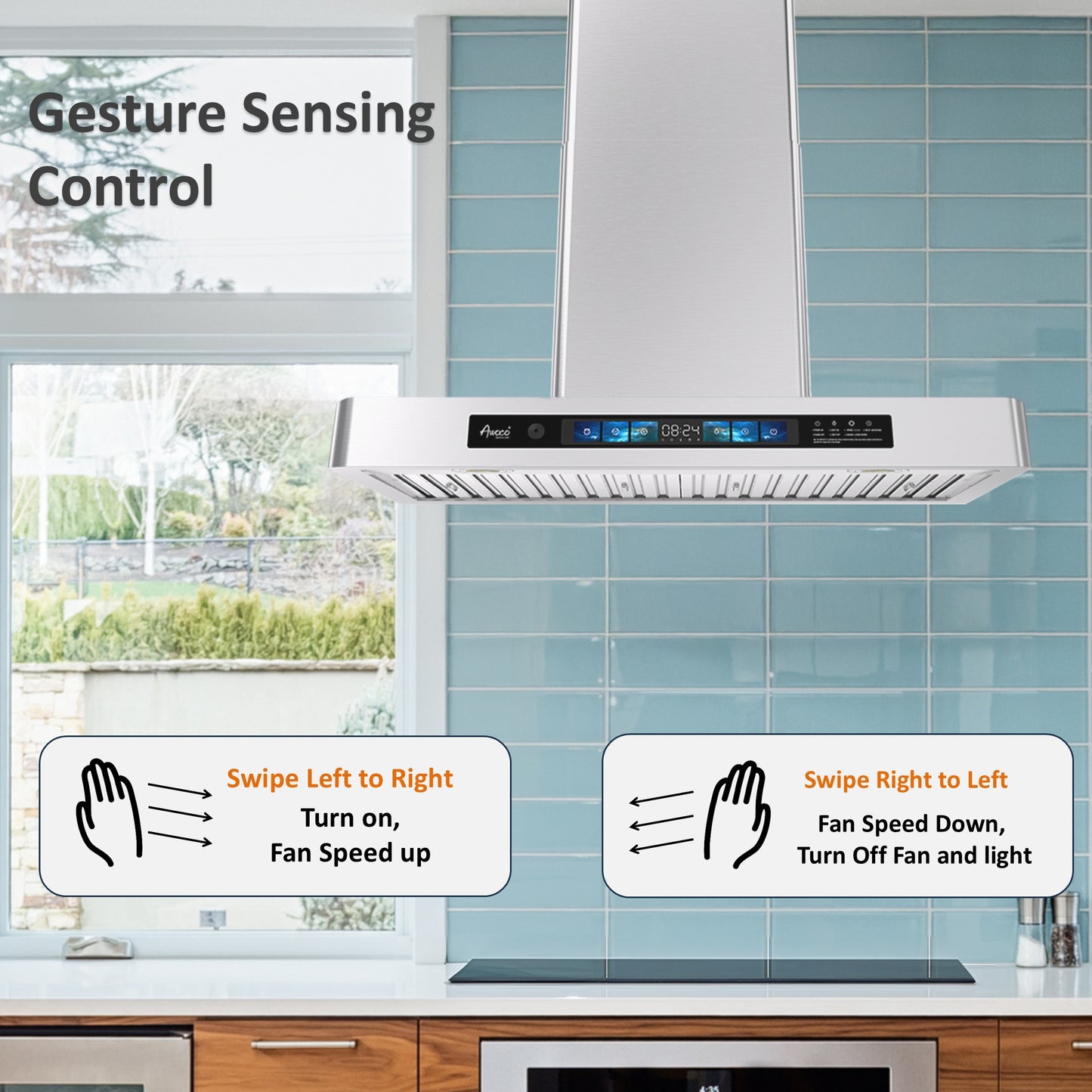 Awoco RH-WT-V Wall Mount Range Hood, T-Shape Kitchen Hood with 800 CFM, Voice, Gesture, Touch & Remote Controls, Stainless Steel, 6" Vent, Dimmable LED Lights, Baffle Filters, Adjustable Chimney