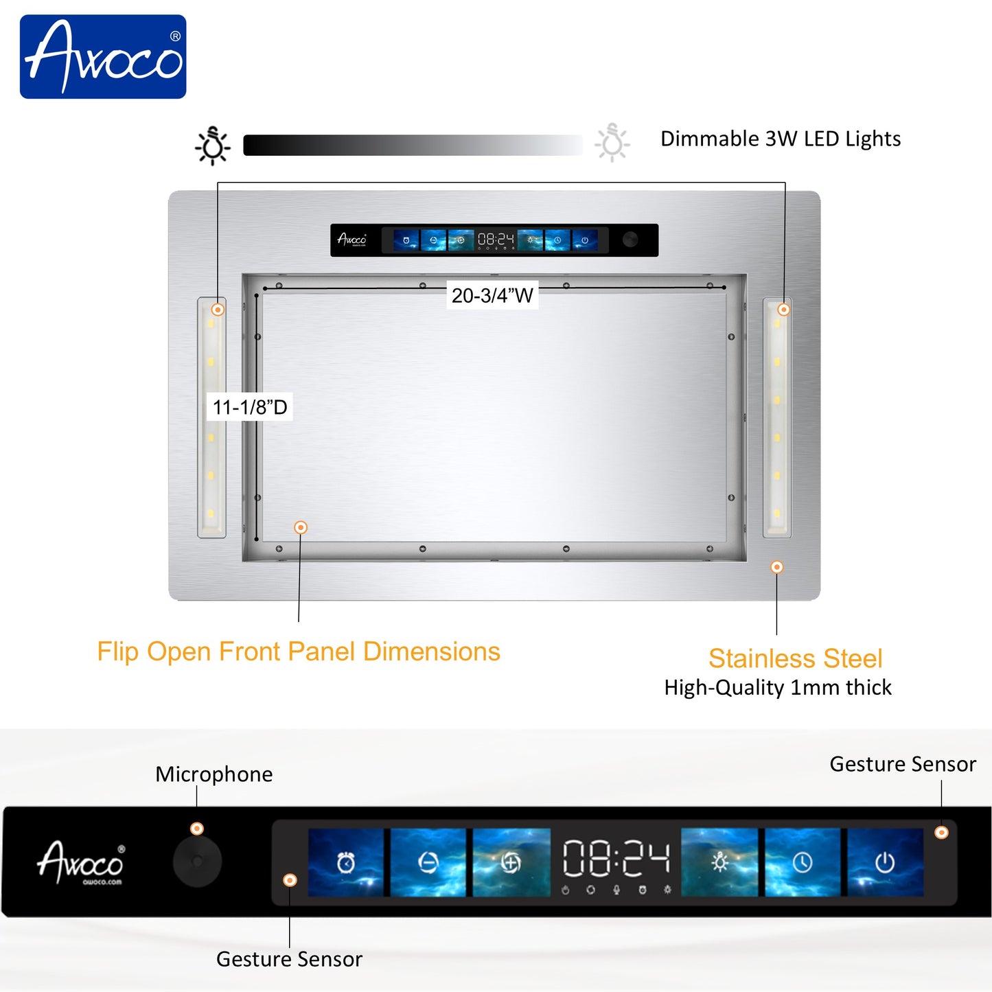 Awoco RH-IT06-GV Flush Ceiling Mount Split Insert Range Hood with Voice, Gesture, Touch, Remote Controls, 4-Speed 800 CFM Stainless Steel Hood with 6” Round Vent LED Lights