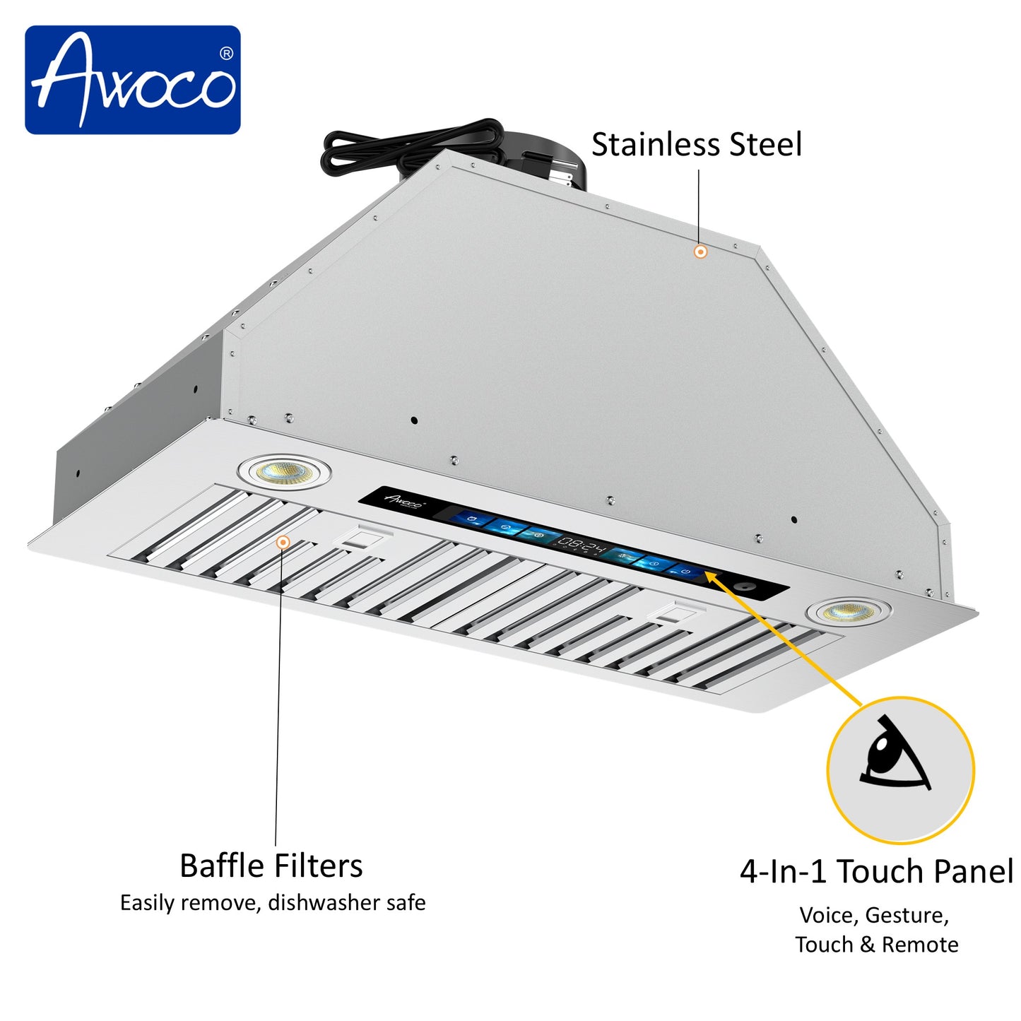 Awoco RH-BQ-V Built-in Insert Stainless Steel Range Hood with 4-Speed Exhaust Fan, Voice, Gesture, Touch & Remote Controls, 6" Round Top Vent, 800 CFM, Dimmable LED Lights, Baffle Filters