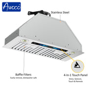 Awoco RH-BQ-V Built-in Insert Stainless Steel Range Hood with 4-Speed Exhaust Fan, Voice, Gesture, Touch & Remote Controls, 6" Round Top Vent, 800 CFM, Dimmable LED Lights, Baffle Filters