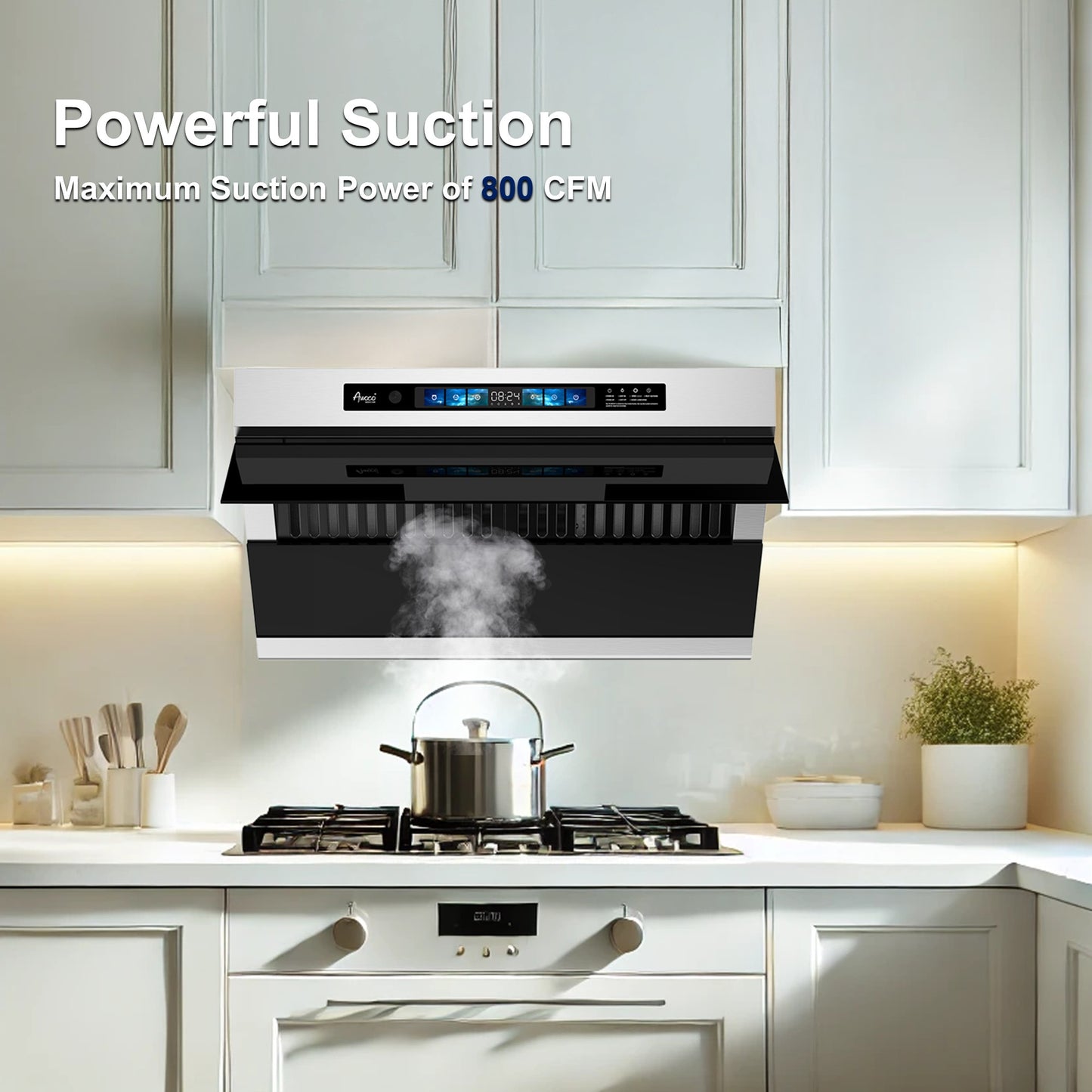 Awoco RH-SX Under Cabinet Range Hood, Side-Draft Design, 4 Speeds Exhaust Fan with 800 CFM, Voice, Gesture, Touch & Remote Control, 6" Vent, Dimmable LED Light Bars