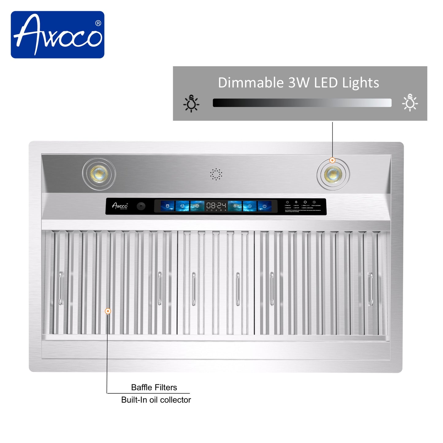 Awoco RH-BQ-XV Built-in Insert Stainless Steel Range Hood, Kitchen Hood with 4-Speed Exhaust Fan, Voice, Gesture, Touch & Remote Controls, 6" Round Top Vent, 800 CFM, Dimmable LED Lights, Baffle Filters