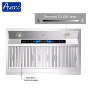 Awoco RH-BQ-XV Built-in Insert Stainless Steel Range Hood, Kitchen Hood with 4-Speed Exhaust Fan, Voice, Gesture, Touch & Remote Controls, 6" Round Top Vent, 800 CFM, Dimmable LED Lights, Baffle Filters