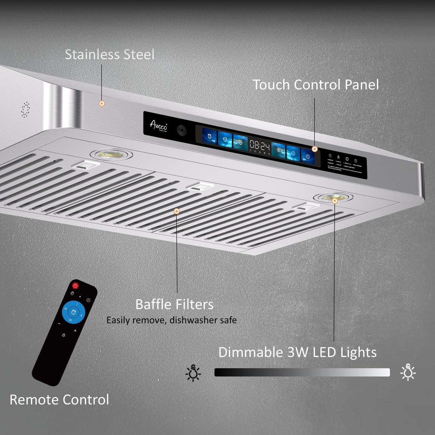 Awoco RH-UC6-V Under Cabinet Range Hood with Voice, Gesture, Touch & Remote Control, 900 CFM Kitchen Hood with 4-Speed, Stainless Steel Stove Hood with 3 Kitchen Vents, LED Lights, Baffle Filters