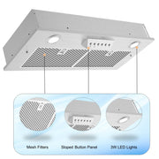 Awoco RH-IT08 11-3/4"D Super Quiet Split Insert Stainless Steel Range Hood, 4 Speeds with a 8” Blower Unit 1000CFM Mesh Filters LED Lights