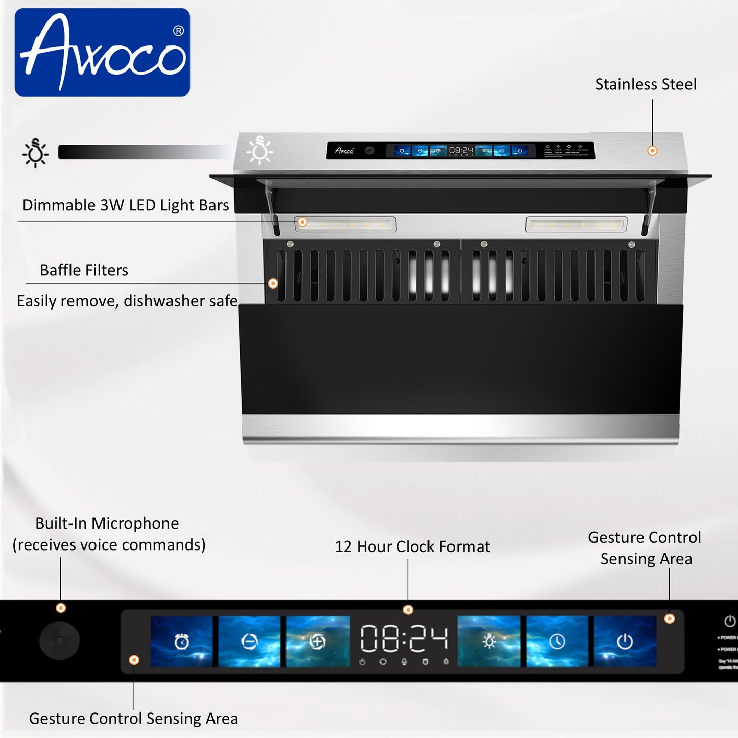 Awoco RH-SX Under Cabinet Range Hood, Side-Draft Design, 4 Speeds Exhaust Fan with 800 CFM, Voice, Gesture, Touch & Remote Control, 6" Vent, Dimmable LED Light Bars