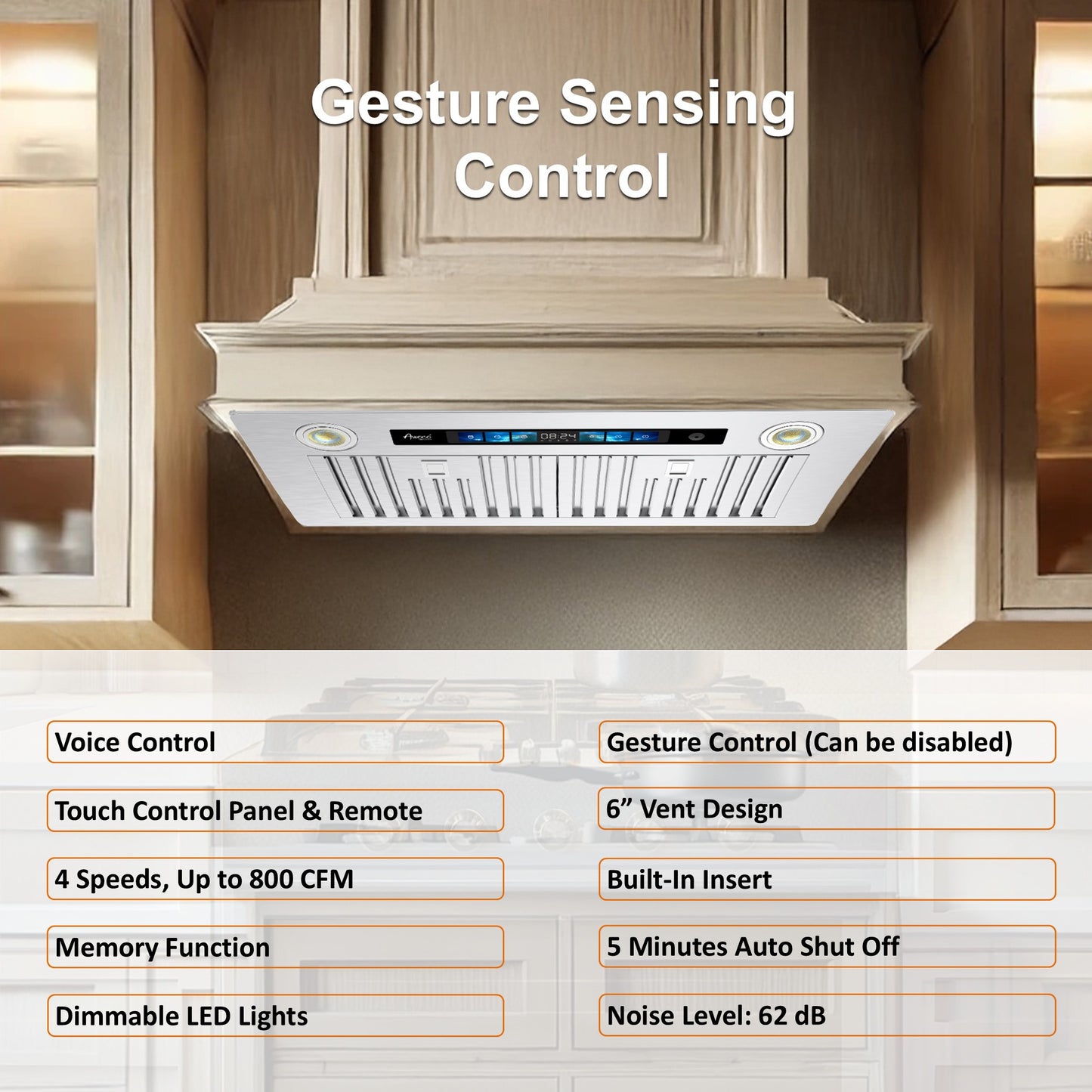 Awoco RH-BQ-V Built-in Insert Stainless Steel Range Hood with 4-Speed Exhaust Fan, Voice, Gesture, Touch & Remote Controls, 6" Round Top Vent, 800 CFM, Dimmable LED Lights, Baffle Filters