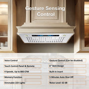 Awoco RH-BQ-V Built-in Insert Stainless Steel Range Hood with 4-Speed Exhaust Fan, Voice, Gesture, Touch & Remote Controls, 6" Round Top Vent, 800 CFM, Dimmable LED Lights, Baffle Filters