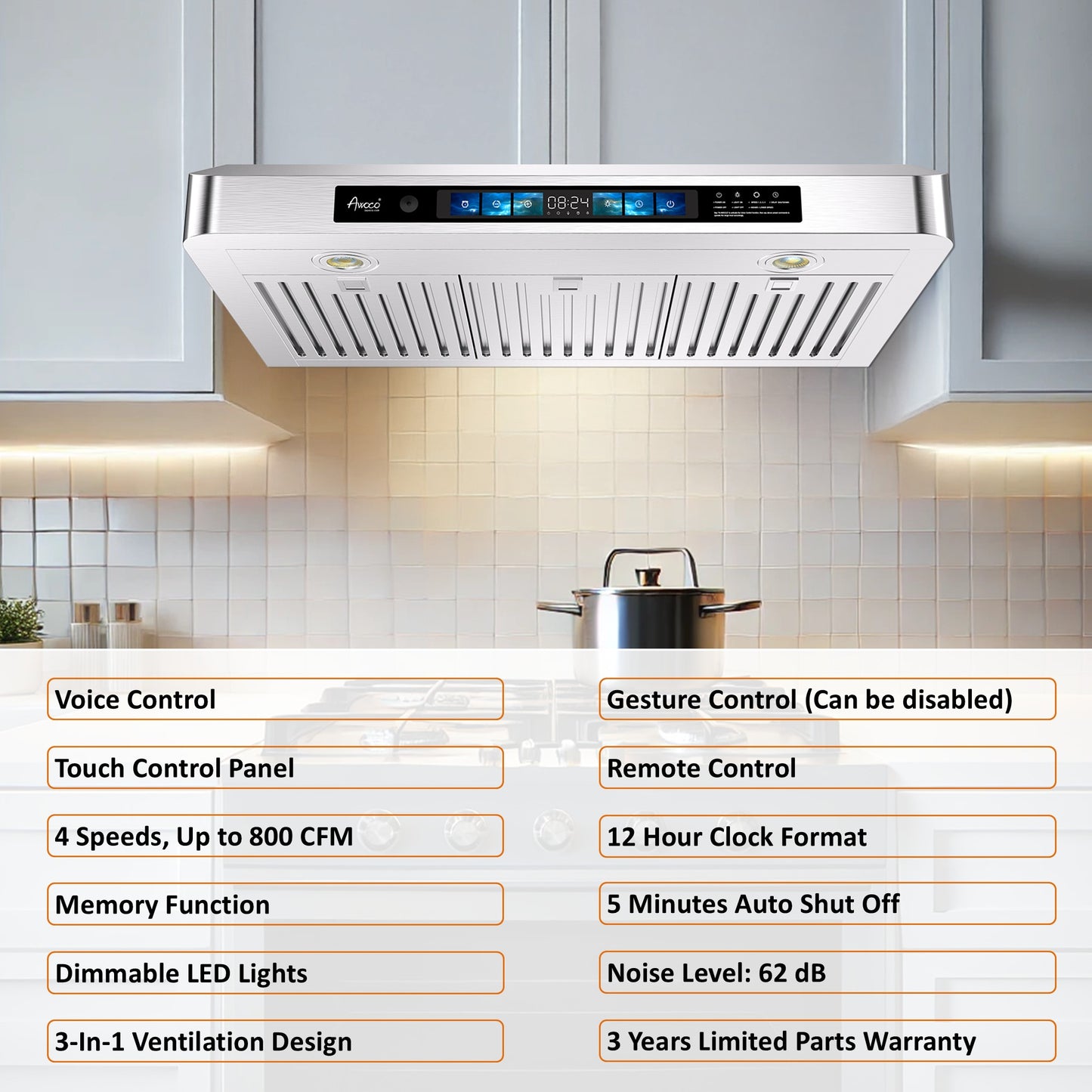 Awoco RH-UC6-V Under Cabinet Range Hood with Voice, Gesture, Touch & Remote Control, 900 CFM Kitchen Hood with 4-Speed, Stainless Steel Stove Hood with 3 Kitchen Vents, LED Lights, Baffle Filters