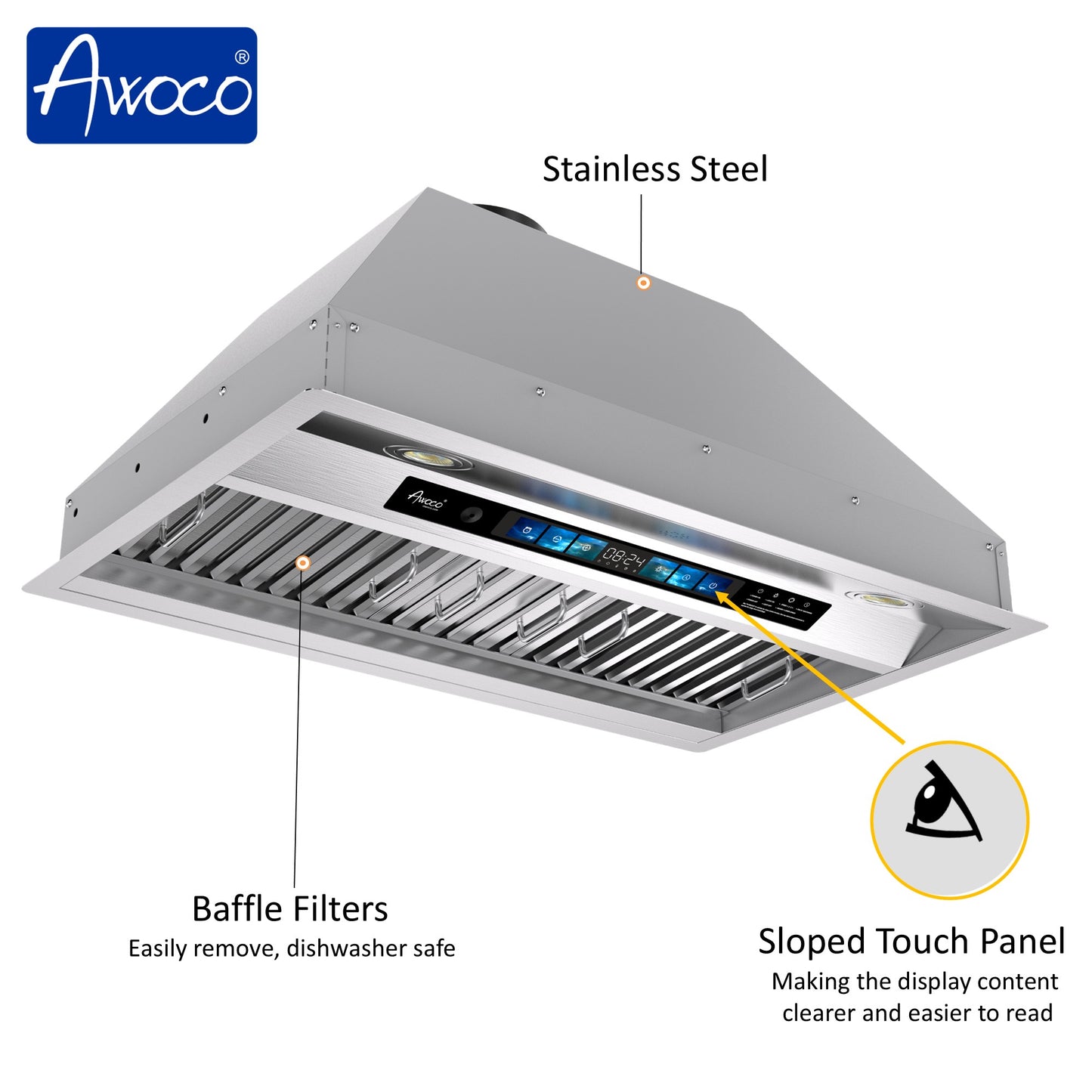 Awoco RH-BQ-XV Built-in Insert Stainless Steel Range Hood, Kitchen Hood with 4-Speed Exhaust Fan, Voice, Gesture, Touch & Remote Controls, 6" Round Top Vent, 800 CFM, Dimmable LED Lights, Baffle Filters