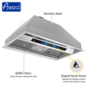 Awoco RH-BQ-XV Built-in Insert Stainless Steel Range Hood, Kitchen Hood with 4-Speed Exhaust Fan, Voice, Gesture, Touch & Remote Controls, 6" Round Top Vent, 800 CFM, Dimmable LED Lights, Baffle Filters
