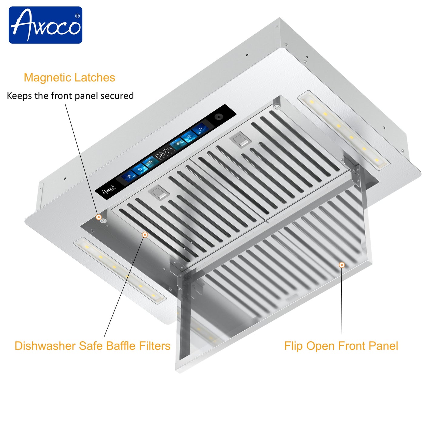 Awoco RH-IT06-GV Flush Ceiling Mount Split Insert Range Hood with Voice, Gesture, Touch, Remote Controls, 4-Speed 800 CFM Stainless Steel Hood with 6” Round Vent LED Lights