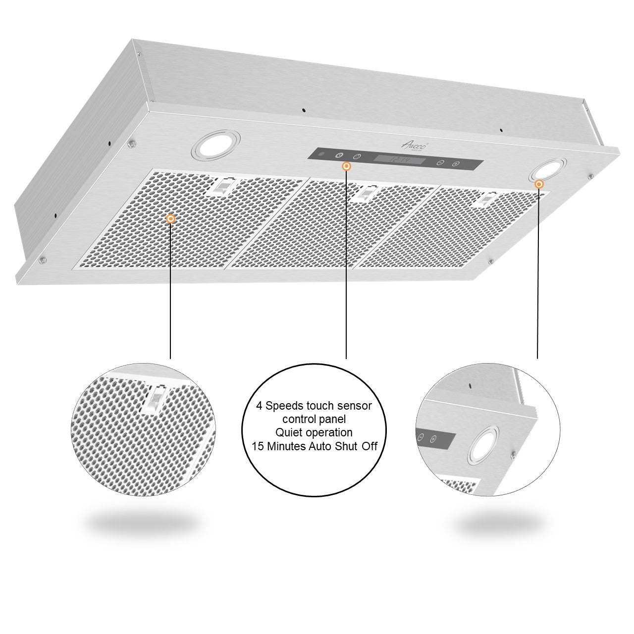 Awoco RH-IT08-R Ceiling Mount 14-1/2”D Super Quiet Split Stainless Steel Range Hood, 4-Speed 1000 CFM Remote Control with 8” Blower