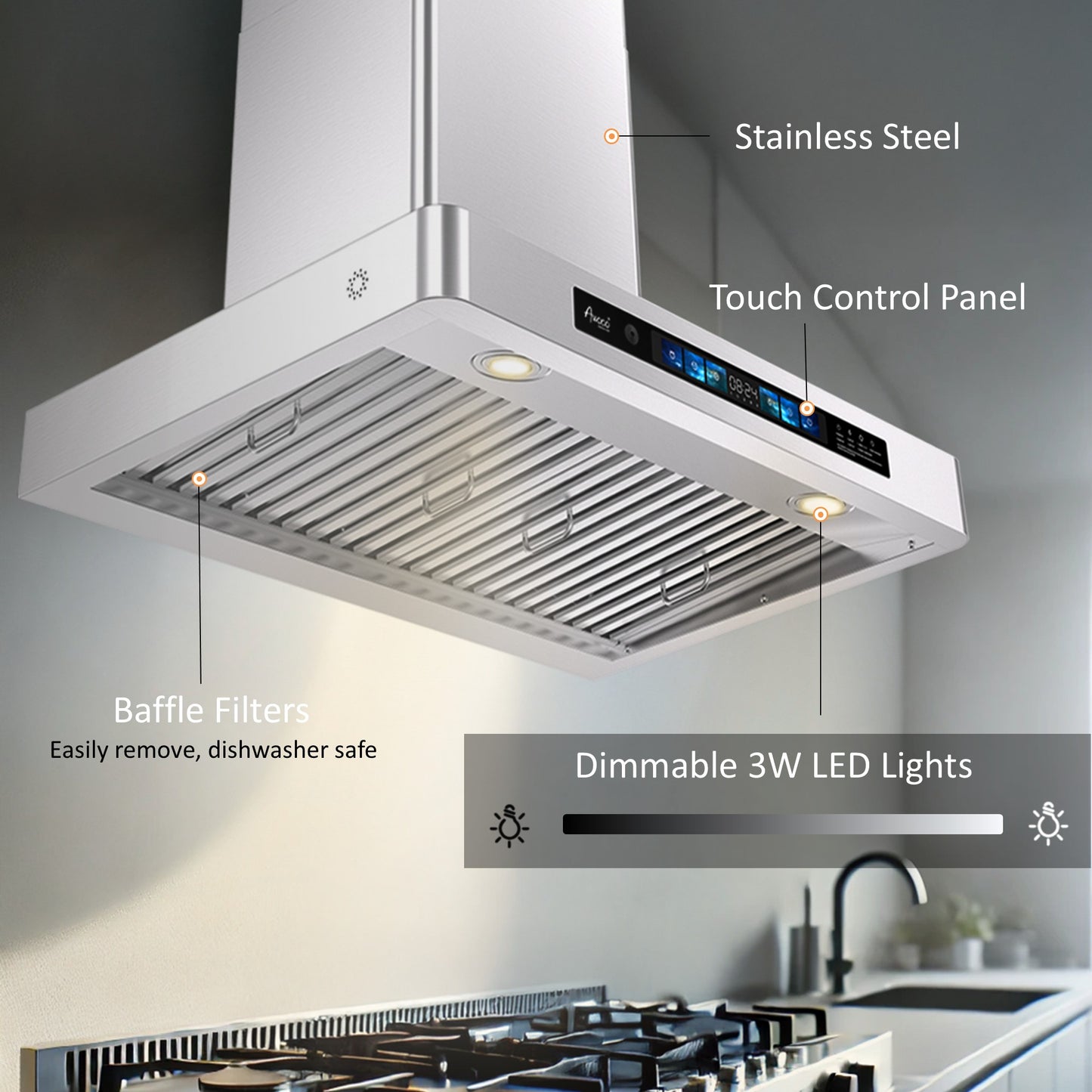 Awoco RH-WT-V Wall Mount Range Hood, T-Shape Kitchen Hood with 800 CFM, Voice, Gesture, Touch & Remote Controls, Stainless Steel, 6" Vent, Dimmable LED Lights, Baffle Filters, Adjustable Chimney