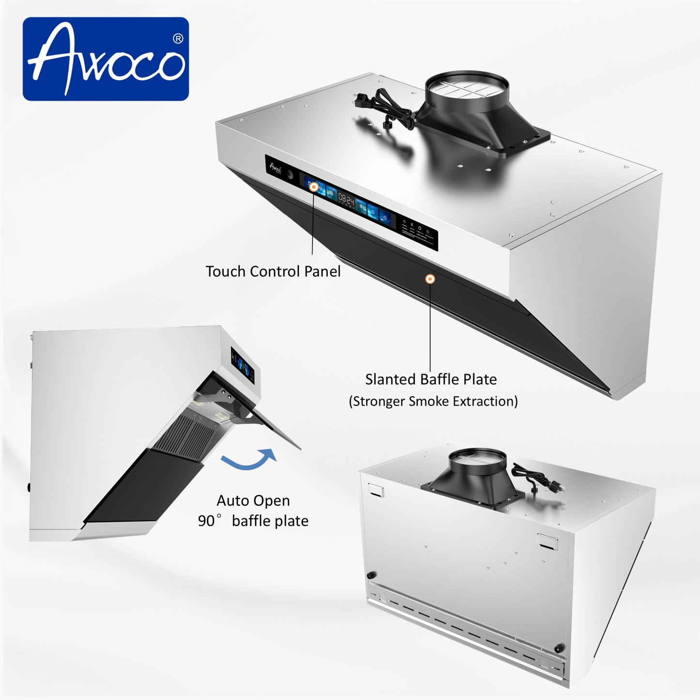 Awoco RH-SX Under Cabinet Range Hood, Side-Draft Design, 4 Speeds Exhaust Fan with 800 CFM, Voice, Gesture, Touch & Remote Control, 6" Vent, Dimmable LED Light Bars