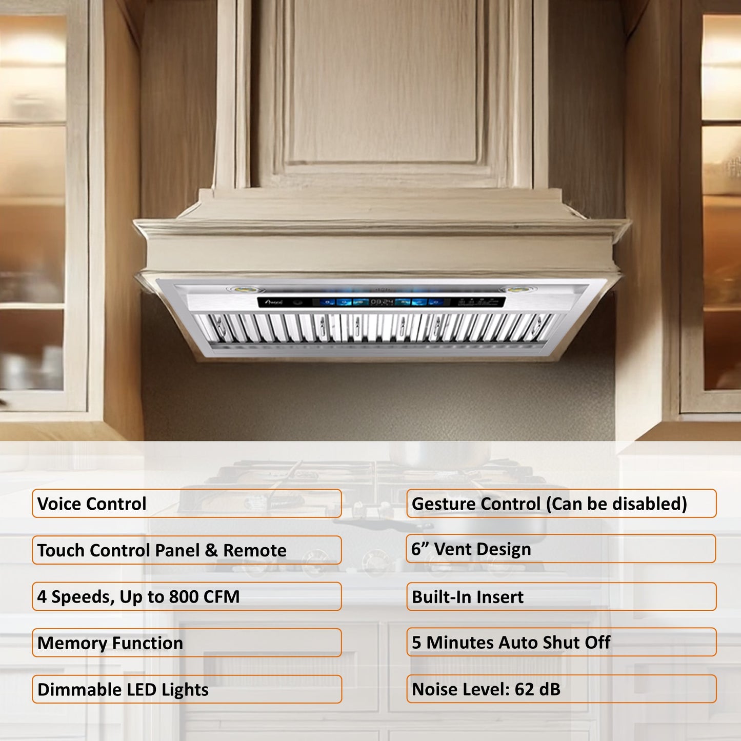 Awoco RH-BQ-XV Built-in Insert Stainless Steel Range Hood, Kitchen Hood with 4-Speed Exhaust Fan, Voice, Gesture, Touch & Remote Controls, 6" Round Top Vent, 800 CFM, Dimmable LED Lights, Baffle Filters