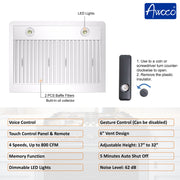 Awoco RH-WT-V Wall Mount Range Hood, T-Shape Kitchen Hood with 800 CFM, Voice, Gesture, Touch & Remote Controls, Stainless Steel, 6" Vent, Dimmable LED Lights, Baffle Filters, Adjustable Chimney