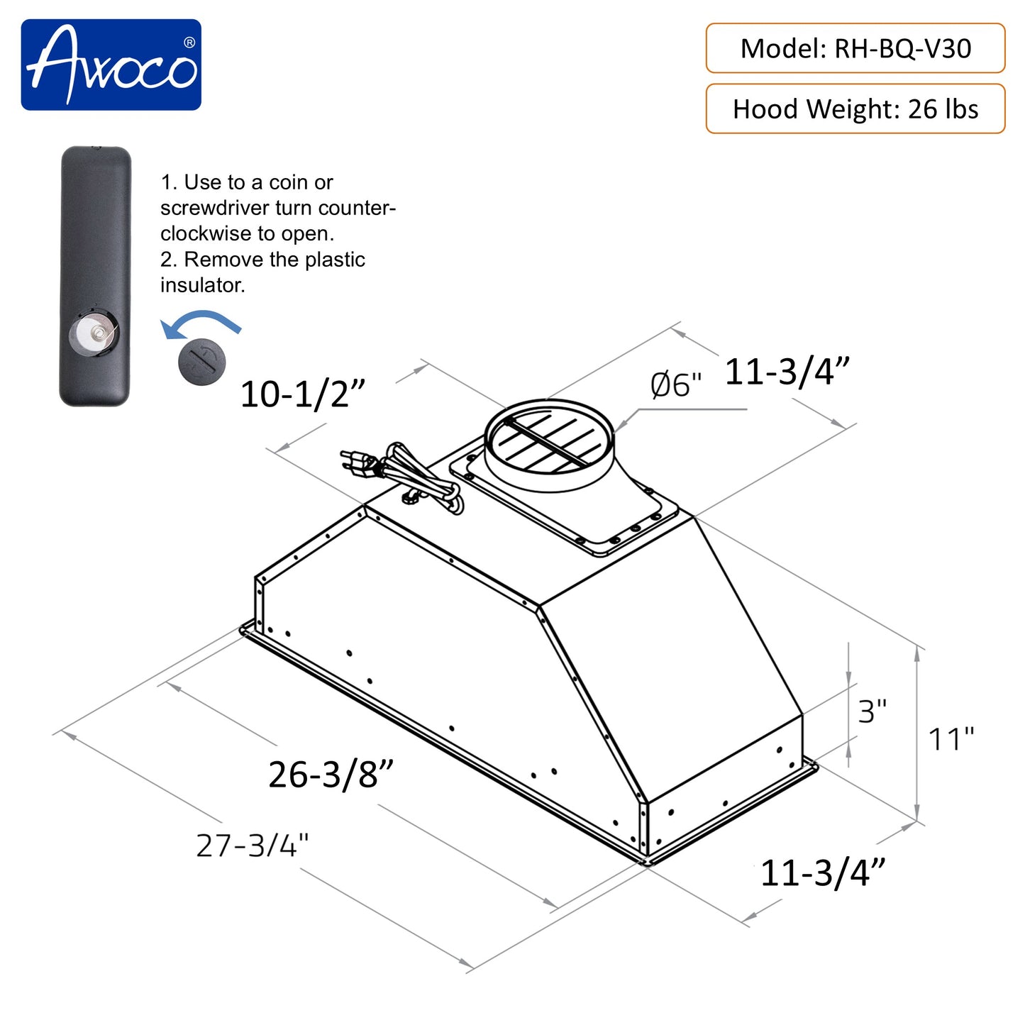 Awoco RH-BQ-V Built-in Insert Stainless Steel Range Hood with 4-Speed Exhaust Fan, Voice, Gesture, Touch & Remote Controls, 6" Round Top Vent, 800 CFM, Dimmable LED Lights, Baffle Filters
