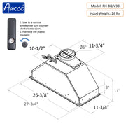 Awoco RH-BQ-V Built-in Insert Stainless Steel Range Hood with 4-Speed Exhaust Fan, Voice, Gesture, Touch & Remote Controls, 6" Round Top Vent, 800 CFM, Dimmable LED Lights, Baffle Filters