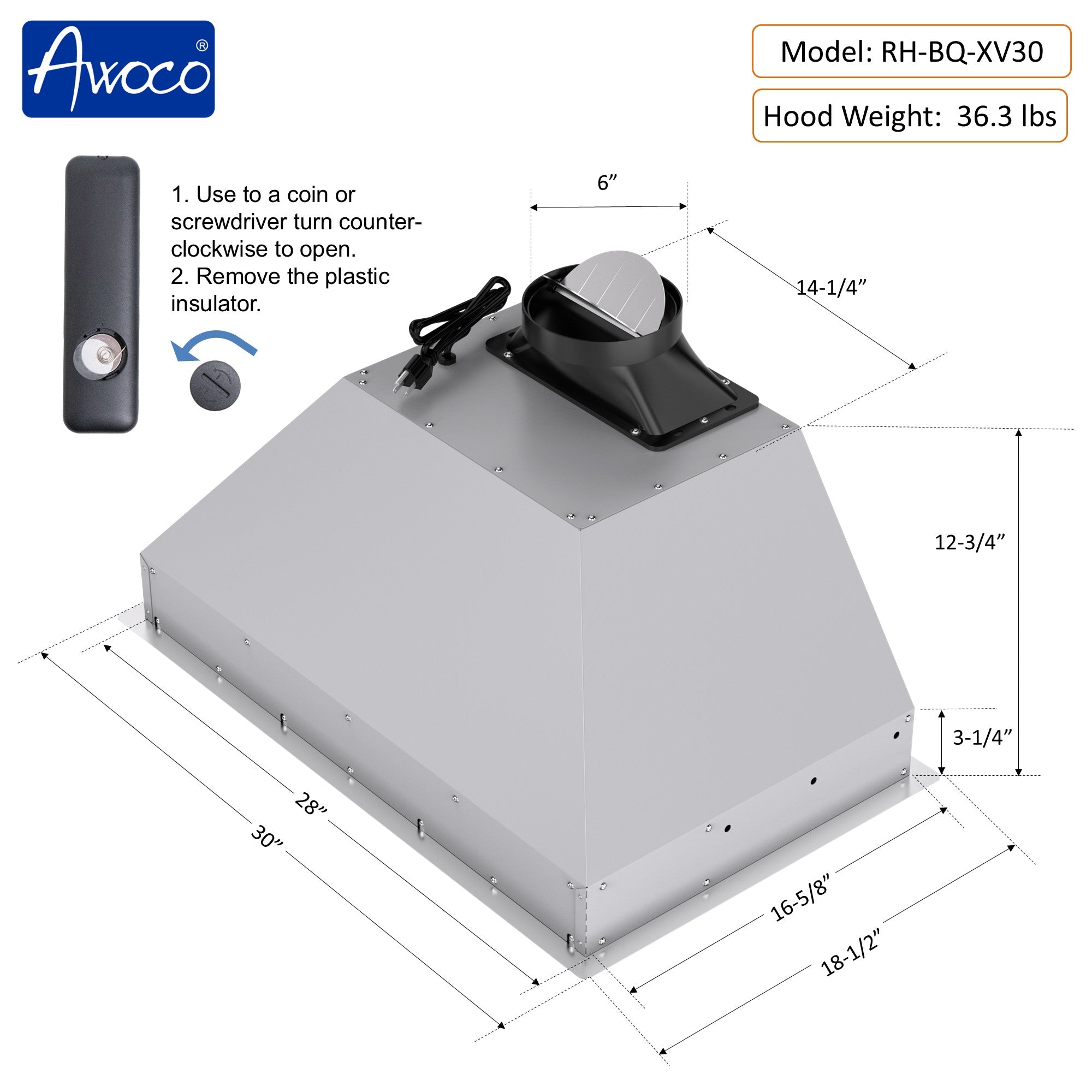 Awoco RH-BQ-XV Built-in Insert Stainless Steel Range Hood, Kitchen Hood with 4-Speed Exhaust Fan, Voice, Gesture, Touch & Remote Controls, 6" Round Top Vent, 800 CFM, Dimmable LED Lights, Baffle Filters