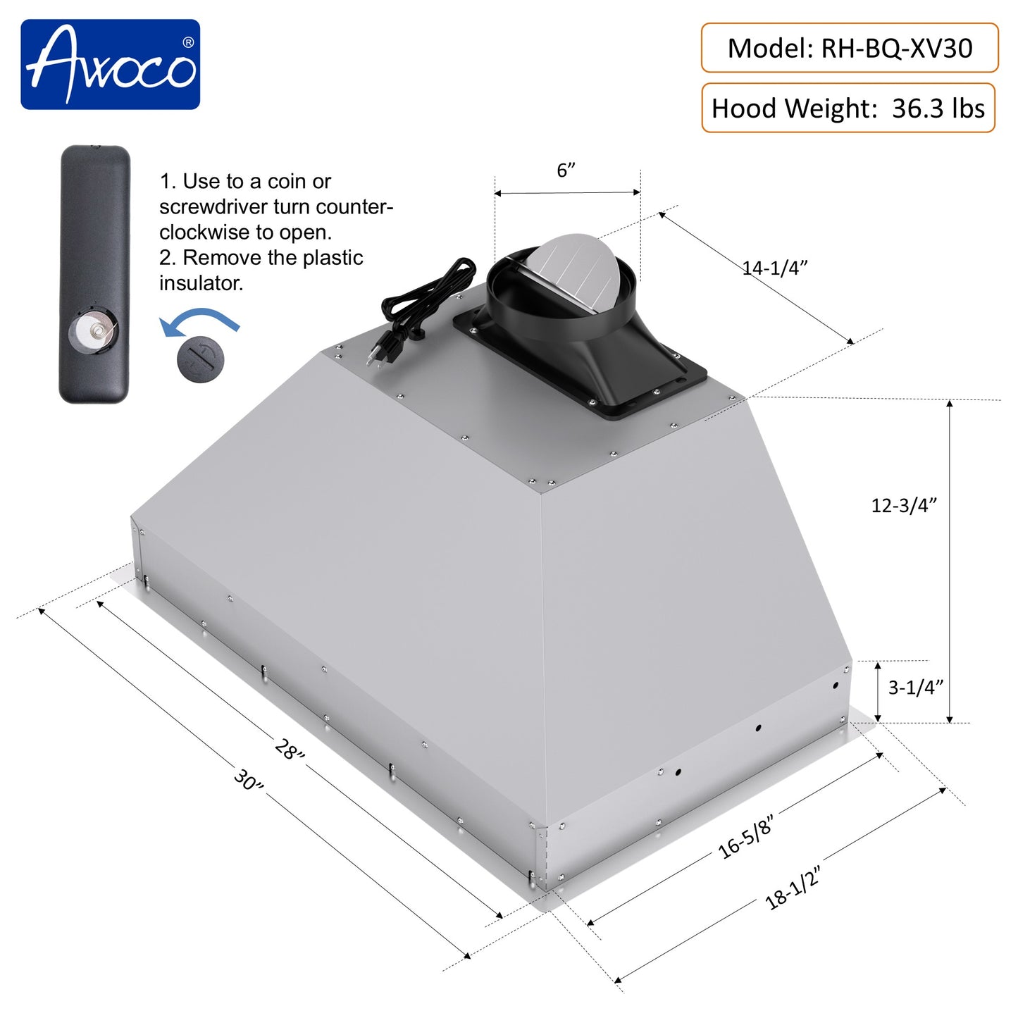 Awoco RH-BQ-XV Built-in Insert Stainless Steel Range Hood, Kitchen Hood with 4-Speed Exhaust Fan, Voice, Gesture, Touch & Remote Controls, 6" Round Top Vent, 800 CFM, Dimmable LED Lights, Baffle Filters