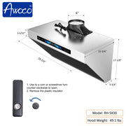 Awoco RH-SX Under Cabinet Range Hood, Side-Draft Design, 4 Speeds Exhaust Fan with 800 CFM, Voice, Gesture, Touch & Remote Control, 6" Vent, Dimmable LED Light Bars
