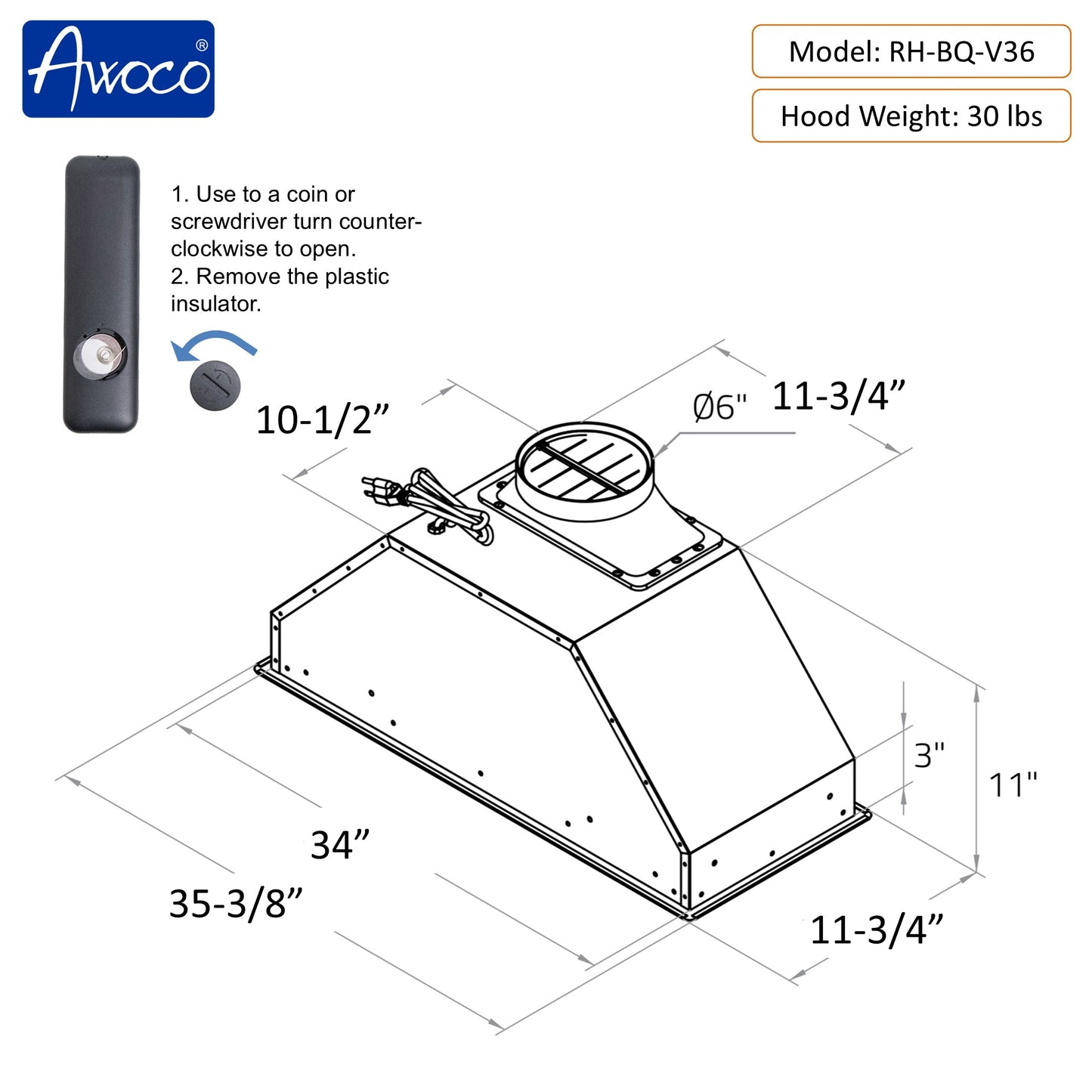 Awoco RH-BQ-V Built-in Insert Stainless Steel Range Hood with 4-Speed Exhaust Fan, Voice, Gesture, Touch & Remote Controls, 6" Round Top Vent, 800 CFM, Dimmable LED Lights, Baffle Filters