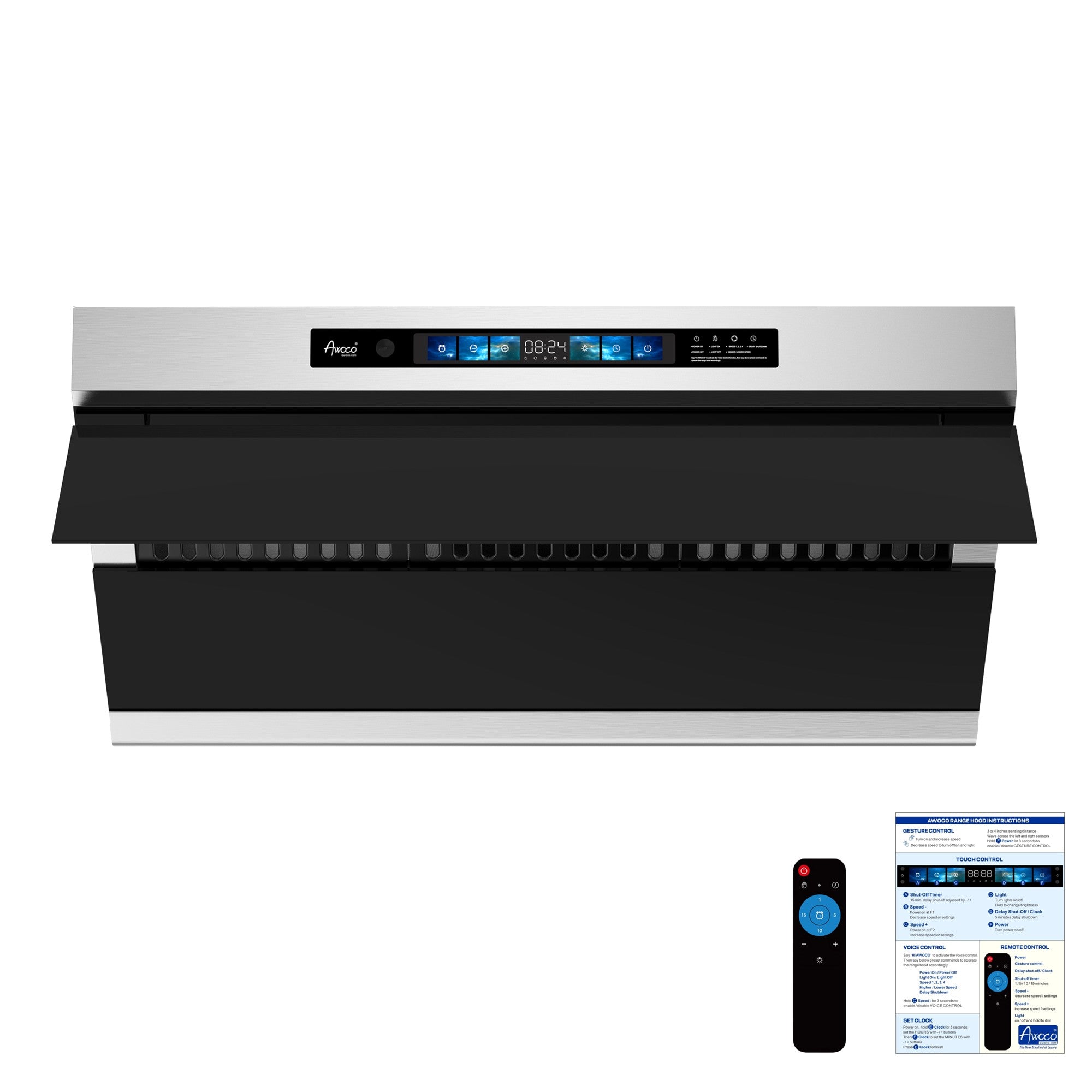 Awoco RH-SX Under Cabinet Range Hood, Side-Draft Design, 4 Speeds Exhaust Fan with 800 CFM, Voice, Gesture, Touch & Remote Control, 6" Vent, Dimmable LED Light Bars