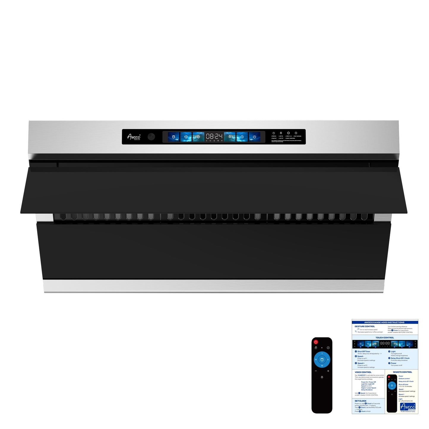 Awoco RH-SX Under Cabinet Range Hood, Side-Draft Design, 4 Speeds Exhaust Fan with 800 CFM, Voice, Gesture, Touch & Remote Control, 6" Vent, Dimmable LED Light Bars