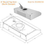 Awoco RH-SP06-T Super Quiet Split Stainless Steel Range Hood, 4 Speeds 6" Round Top Vent 800CFM with LED Lights