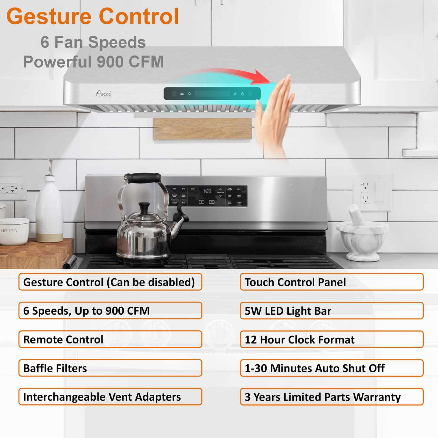 RH-UC7-30 Under Cabinet Range Hood Stainless Steel Gesture