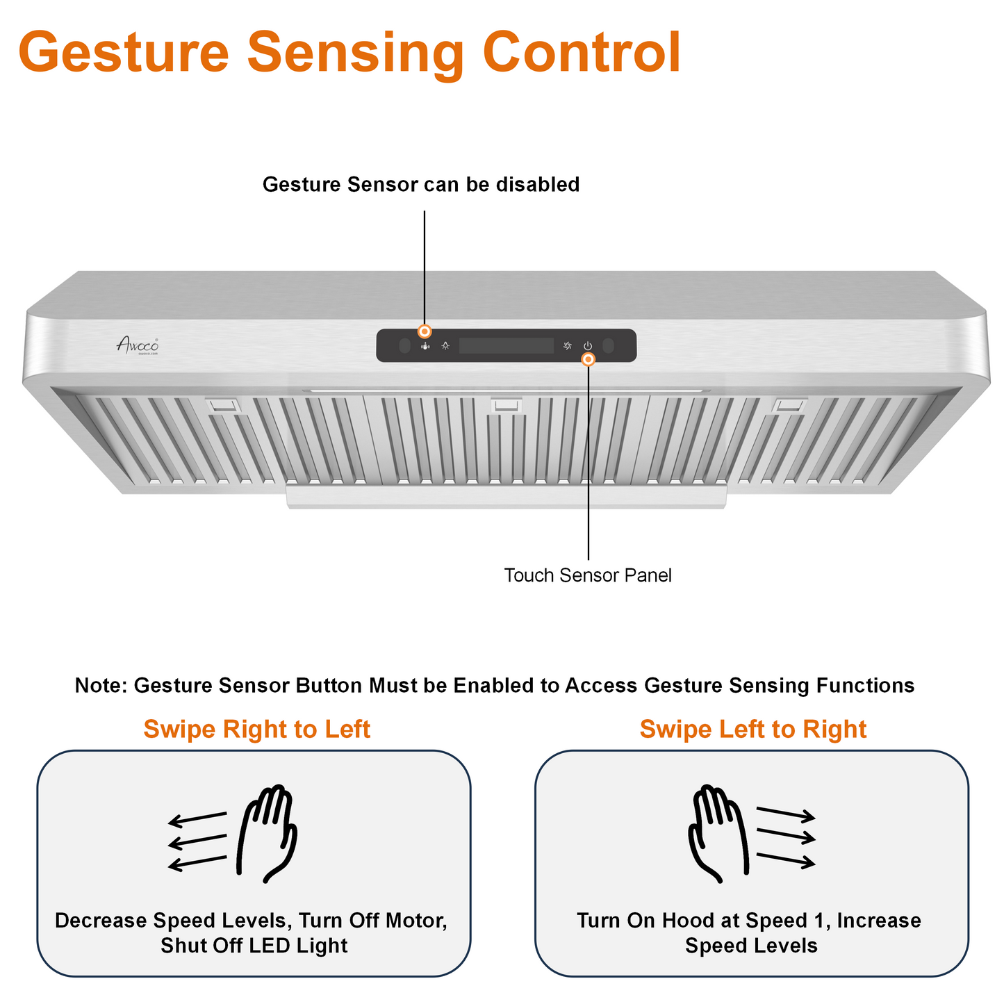 Awoco RH-UC7-36 Under Cabinet Range Hood Stainless Steel Gesture