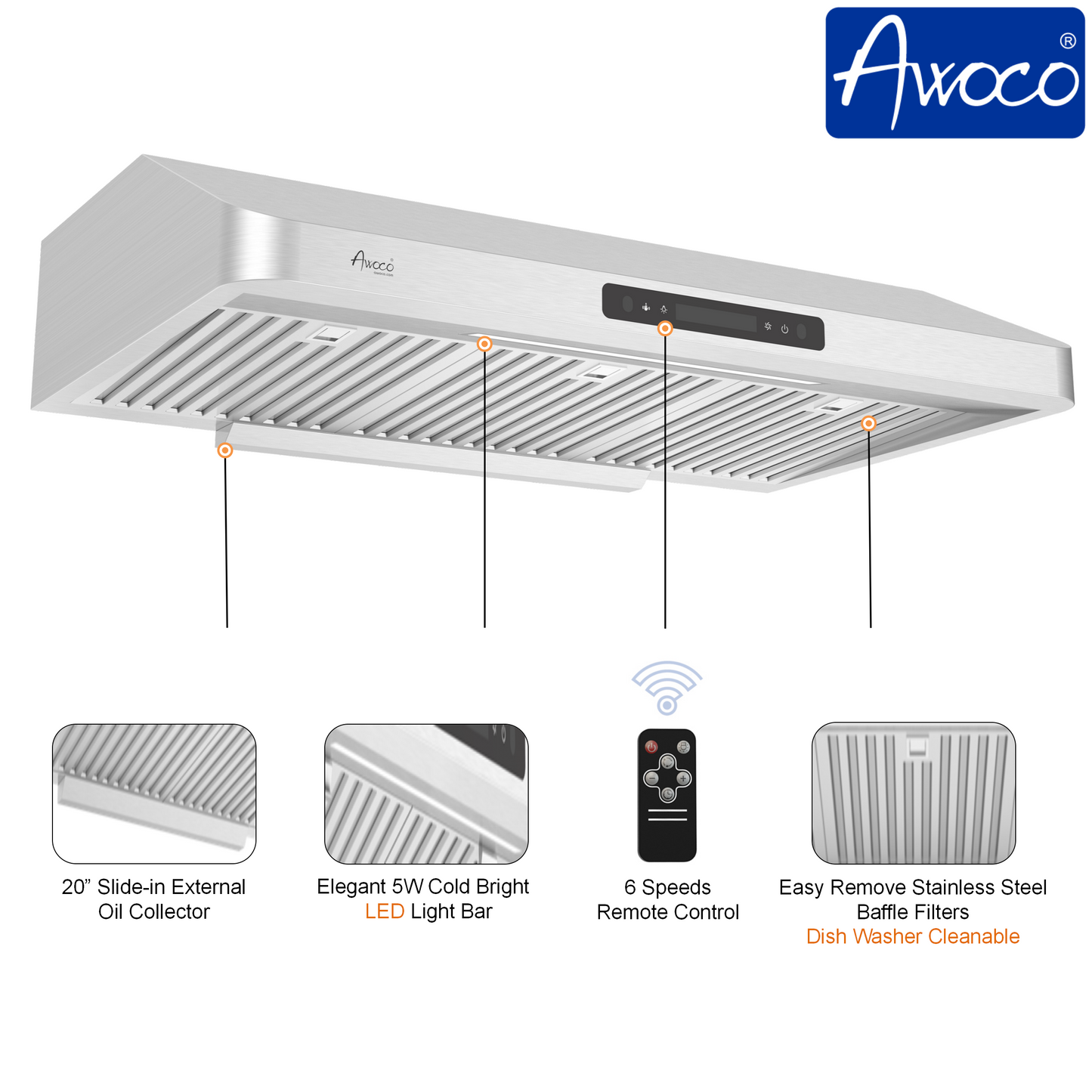 Awoco RH-UC7-36 Under Cabinet Range Hood Stainless Steel Gesture
