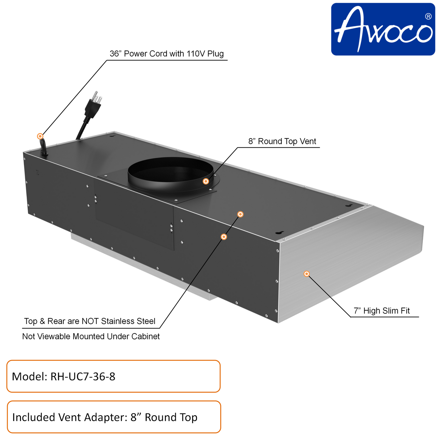 Awoco RH-UC7-36 Under Cabinet Range Hood Stainless Steel Gesture