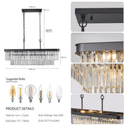 Chandeliers,Rectangular Crystal Chandelier Adjustable,E12 Modern Industrial Crystal Lights,Farmhouse Iron Ceiling Hanging Light for Kitchen Living Room Bedroom/Black(Bulb Not Included)