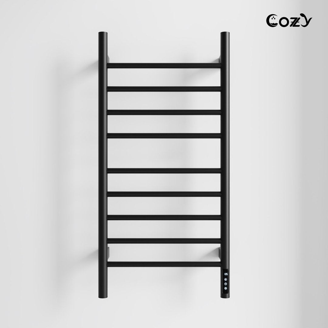 COZY Smart Electric Towel Warmer 9-Bar 150W Wall Mounted with Shelf, LED Screen, Timer and Plug-In & Hardwire in Brushed Black