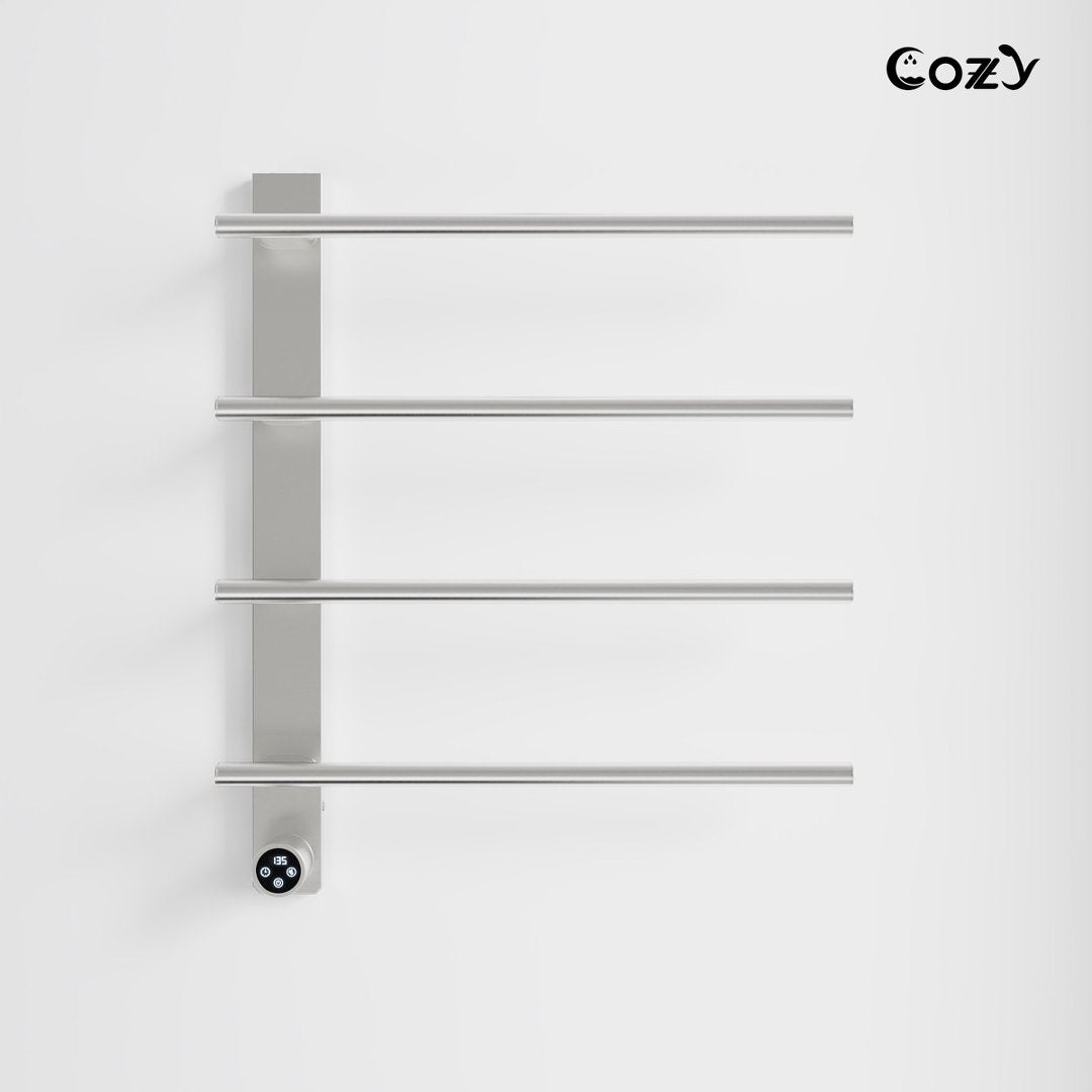 COZY Smart Electric Towel Warmer 4-Bar 47W Wall Mounted with Shelf, LED Screen, Timer and Plug-In & Hardwire in Brushed Nickel