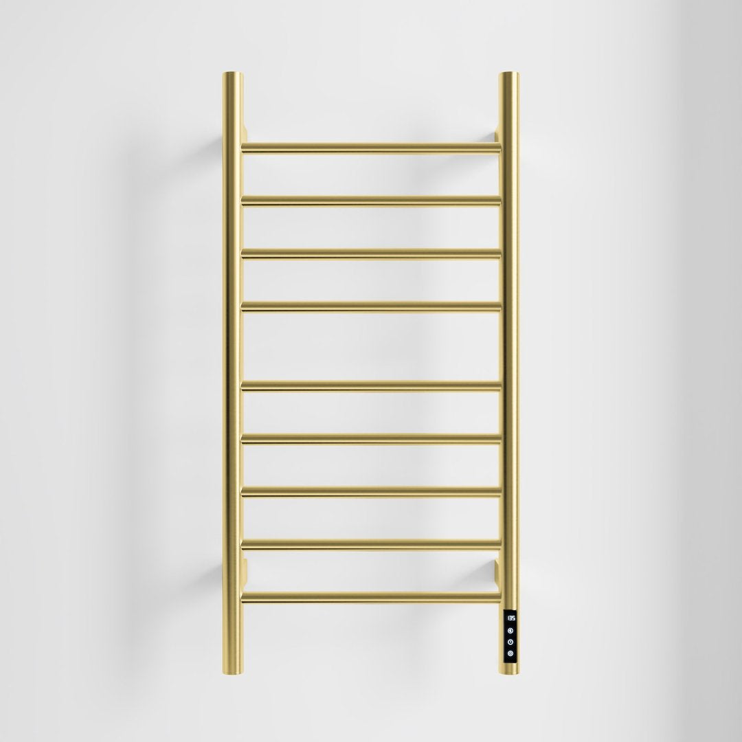 COZY Smart Electric Towel Warmer 9-Bar 150W Wall Mounted with Shelf, LED Screen, Timer and Plug-In & Hardwire in Brushed Gold