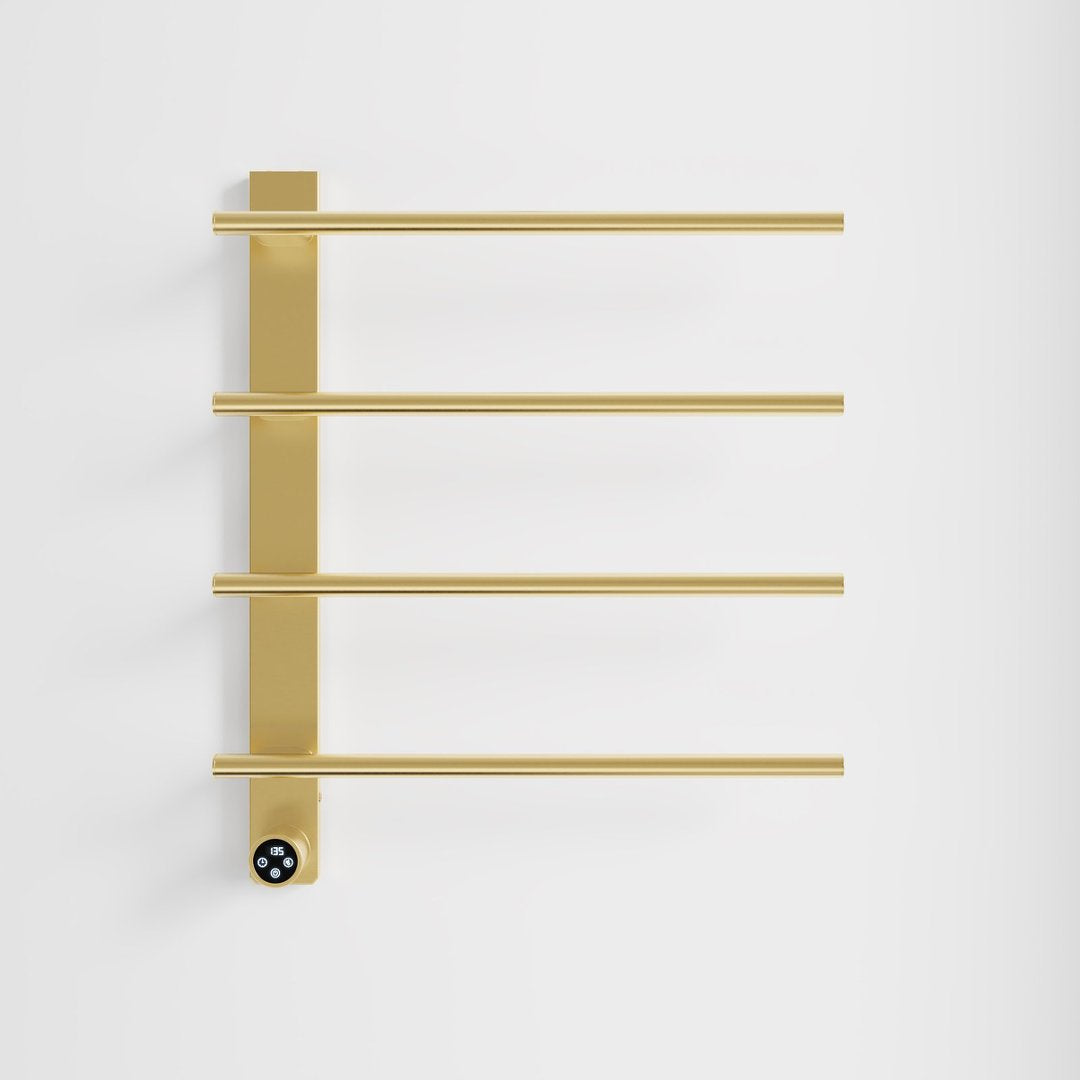 COZY Smart Electric Towel Warmer 4-Bar 47W Wall Mounted with Shelf, Touch LED Screen, Timer and Plug-In & Hardwire in Brushed Gold