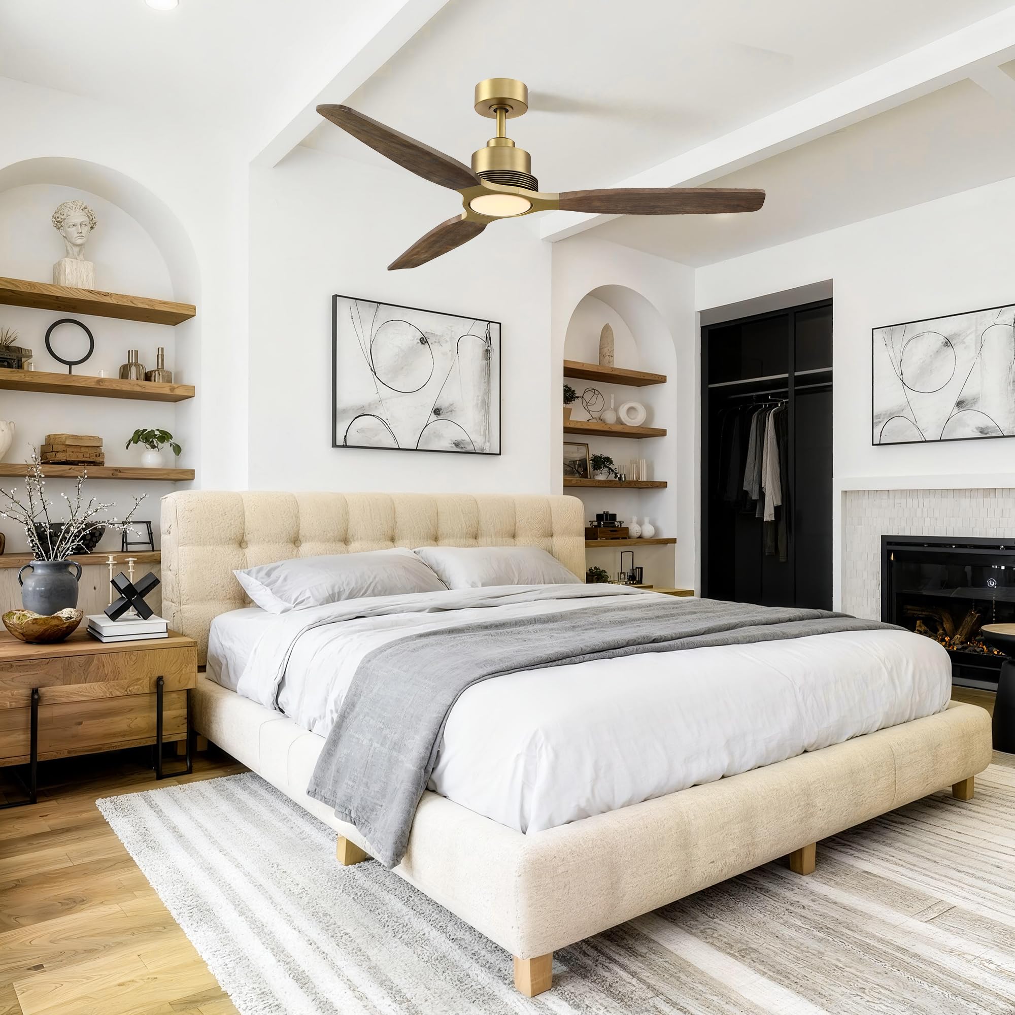 56" Perimost Louise Ceiling Fan - Solid Wood Blades, Remote Ready