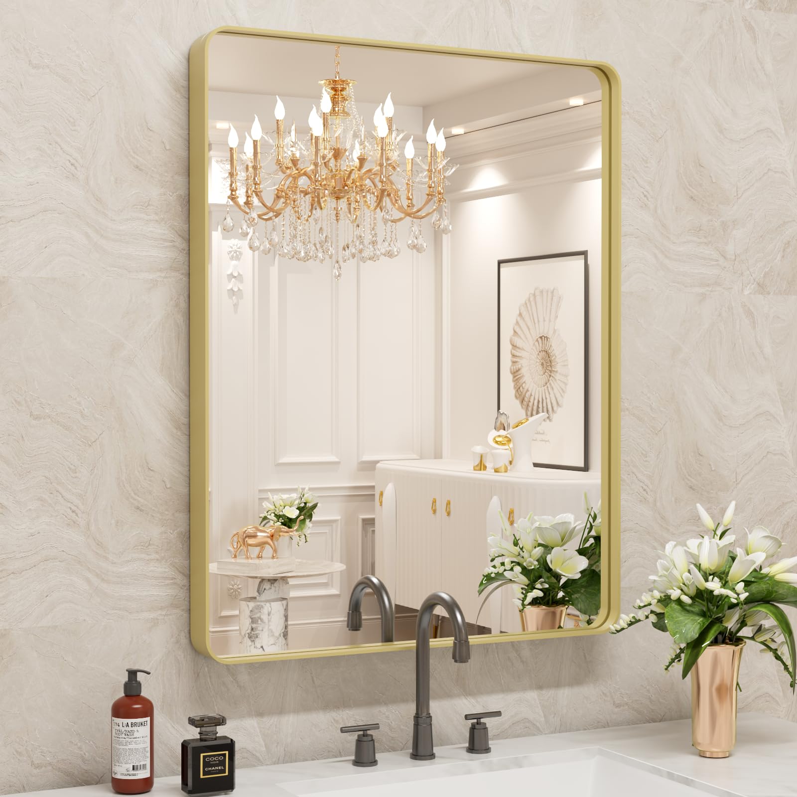 Gold Deep Framed Bathroom Mirror - Deep Framed Mirror, Tempered Glass Mirror for Bathroom