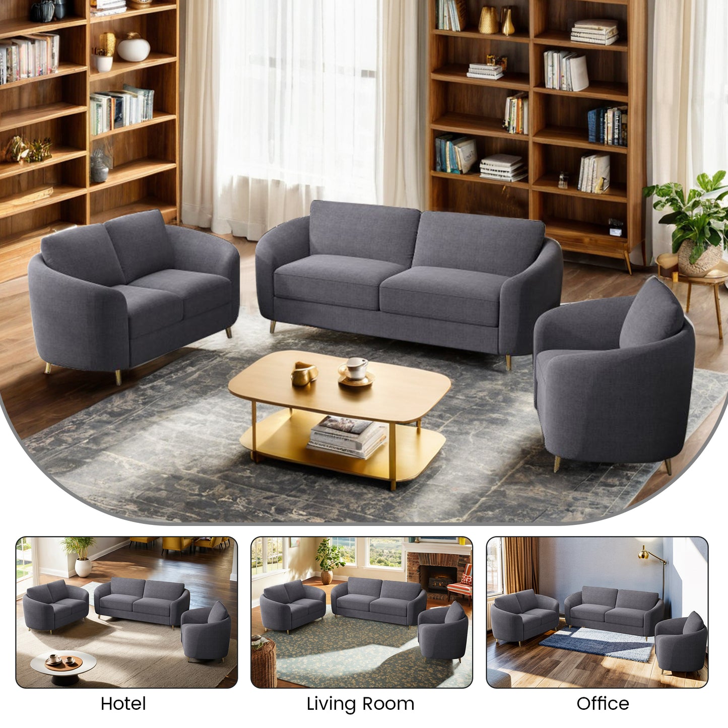 Dormily Modern Sofas for Living Room, 3 Pieces of Comfy Couch, Linen Sectional Couch Set with Gold Legs-Grey and Plush seat, Upholstered Sofa Set for Living Room, Apartment and Office(Night Sky Grey)